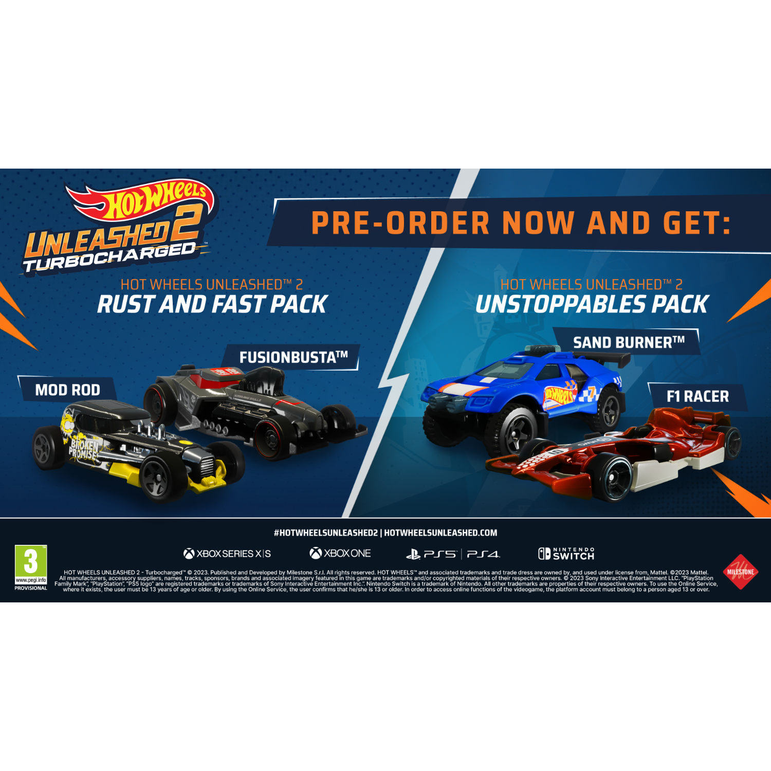 Hot Wheels-autocollectie. Vier auto's in de afbeelding met het logo en de tekst van het spel.