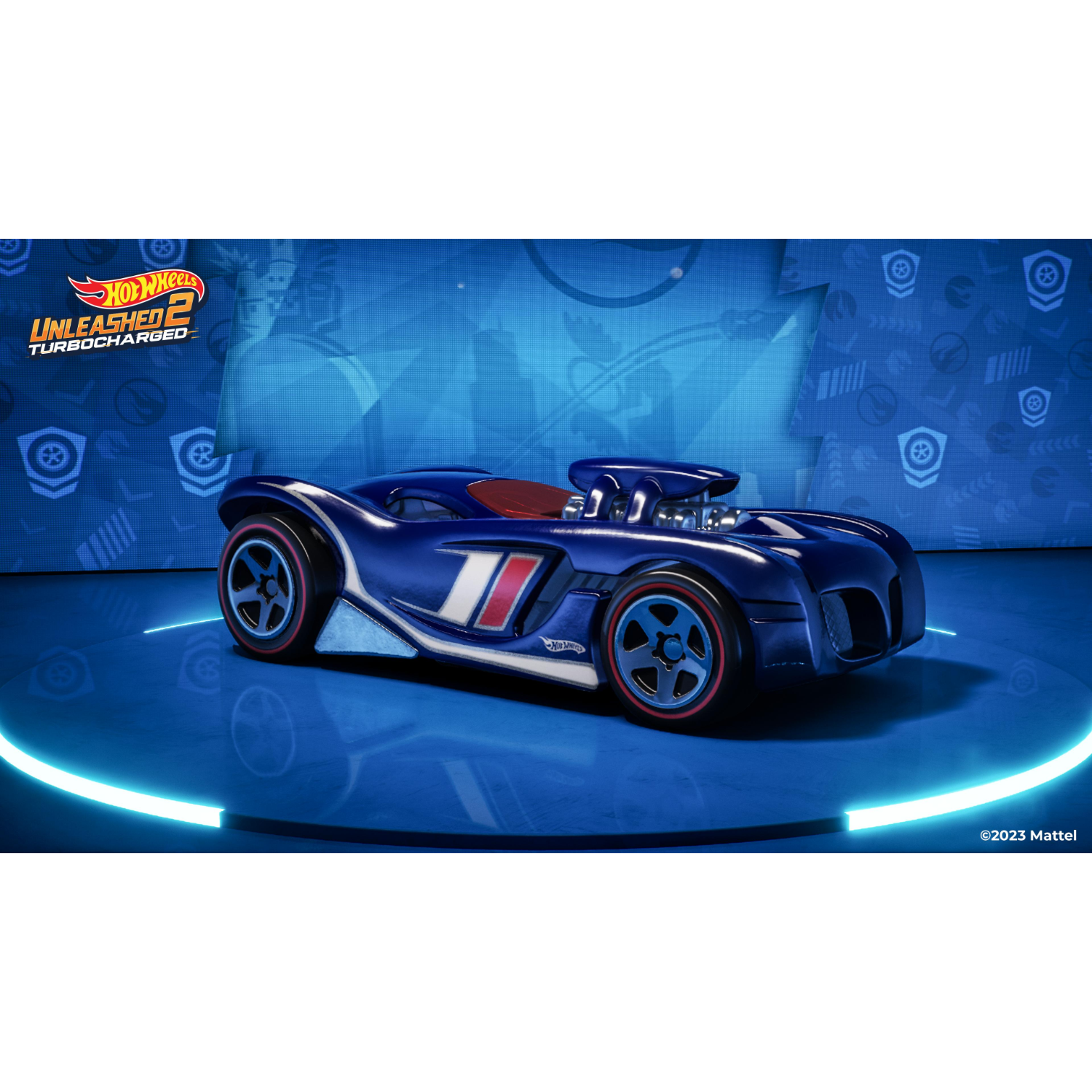 Een blauwe Hot Wheels auto in een gestileerde omgeving, met het logo van het spel in de linkerbovenhoek.