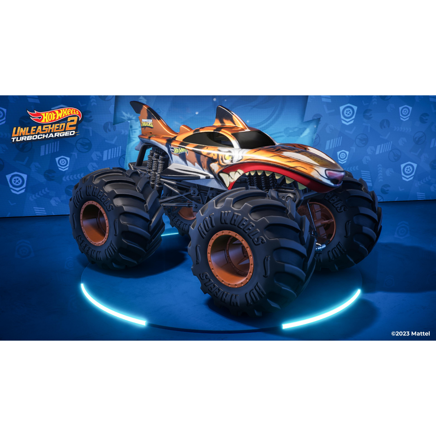 Hot Wheels monstertruck, haai design. Blauwe en zwarte achtergrond, logo.