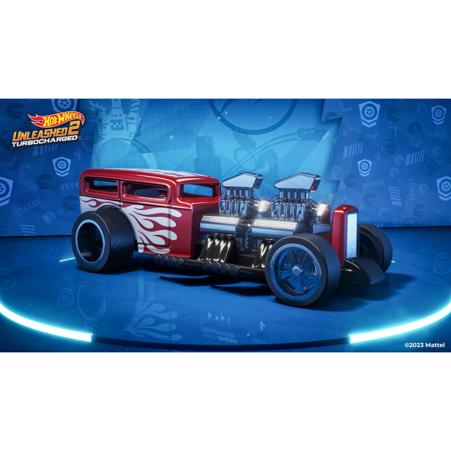Rode en witte Hot Wheels auto met vlammen op blauw oppervlak met logo.