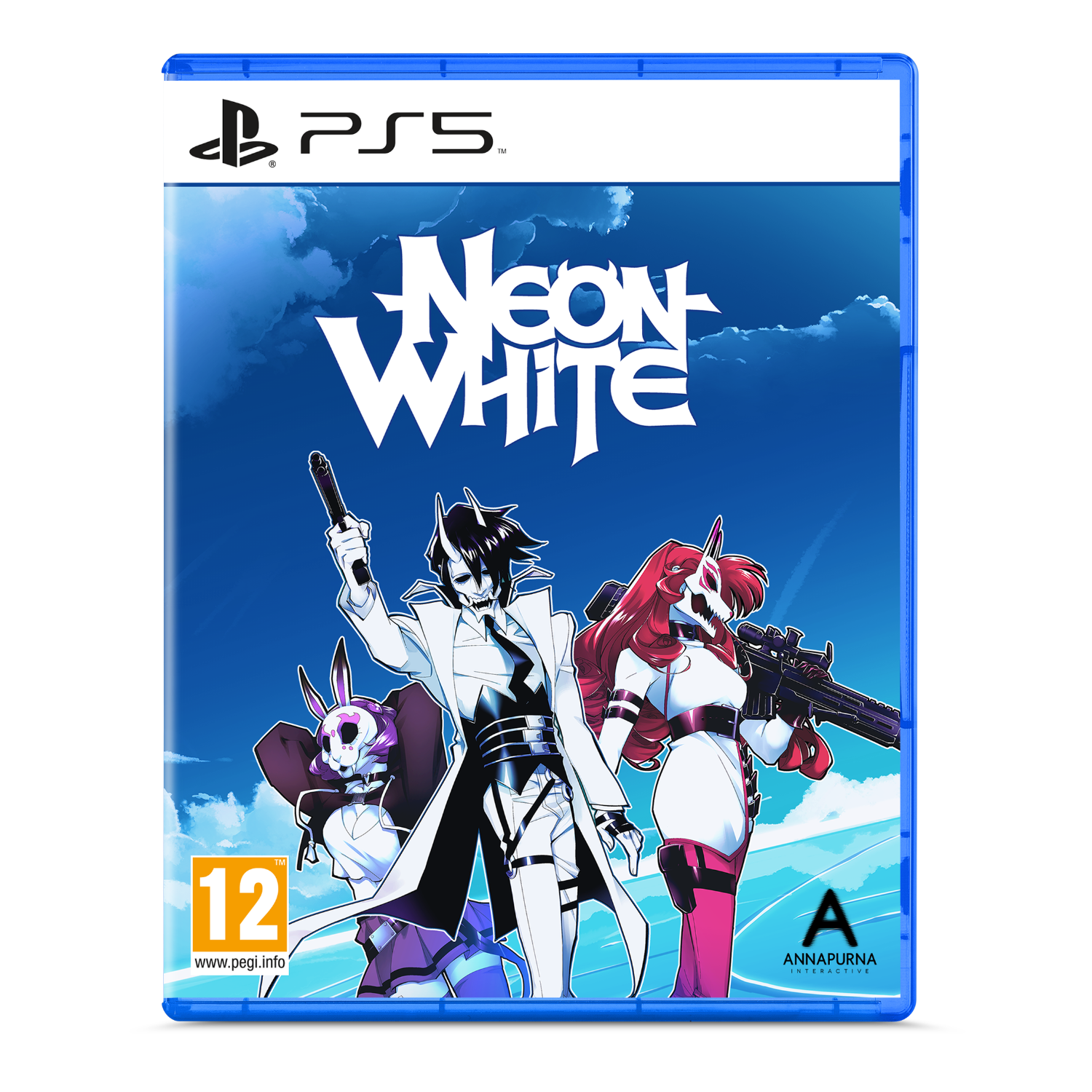 PS5 gamebox: Neon White. Personages met wapens, blauwe lucht.