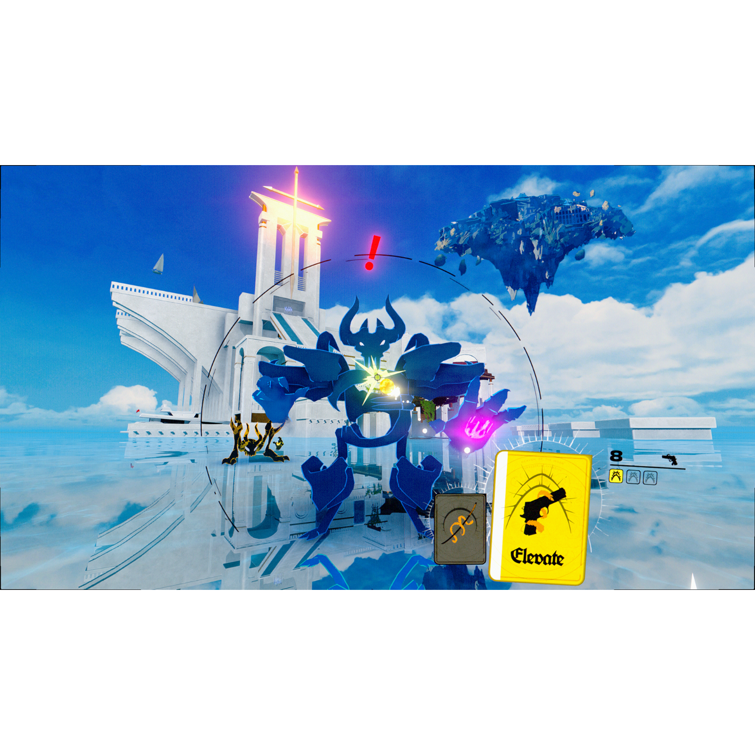 Een videogame scène met een grote robot en kaarten. Achtergrond van de hemel met zwevende eilanden.