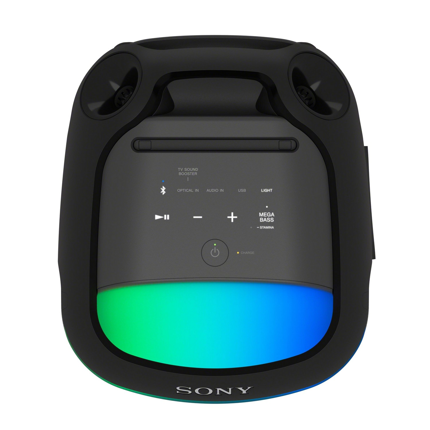 Enceinte portable noire avec lumières multicolores et panneau.