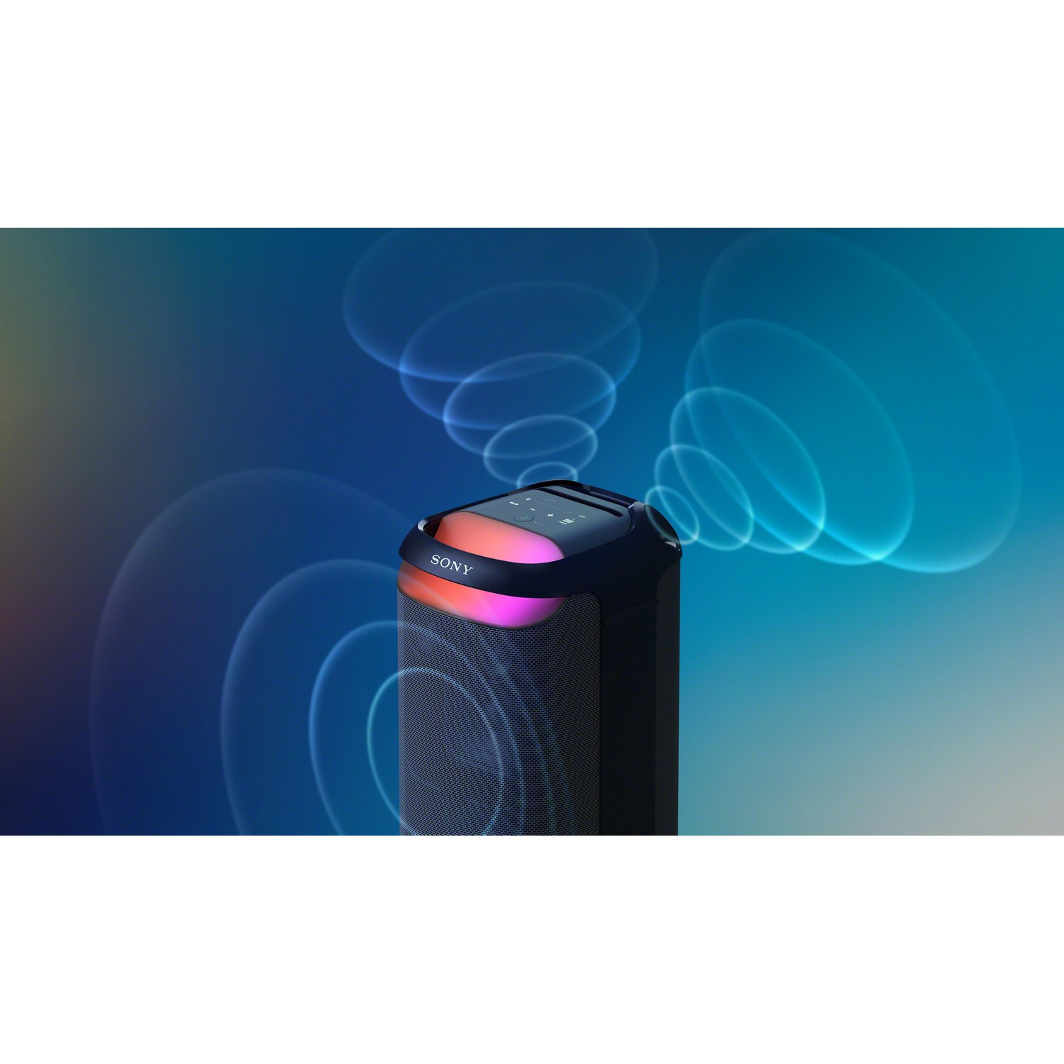 Haut-parleur cylindrique noir avec effets de lumière. Graphiques d'ondes sonores bleues et blanches en arrière-plan.
