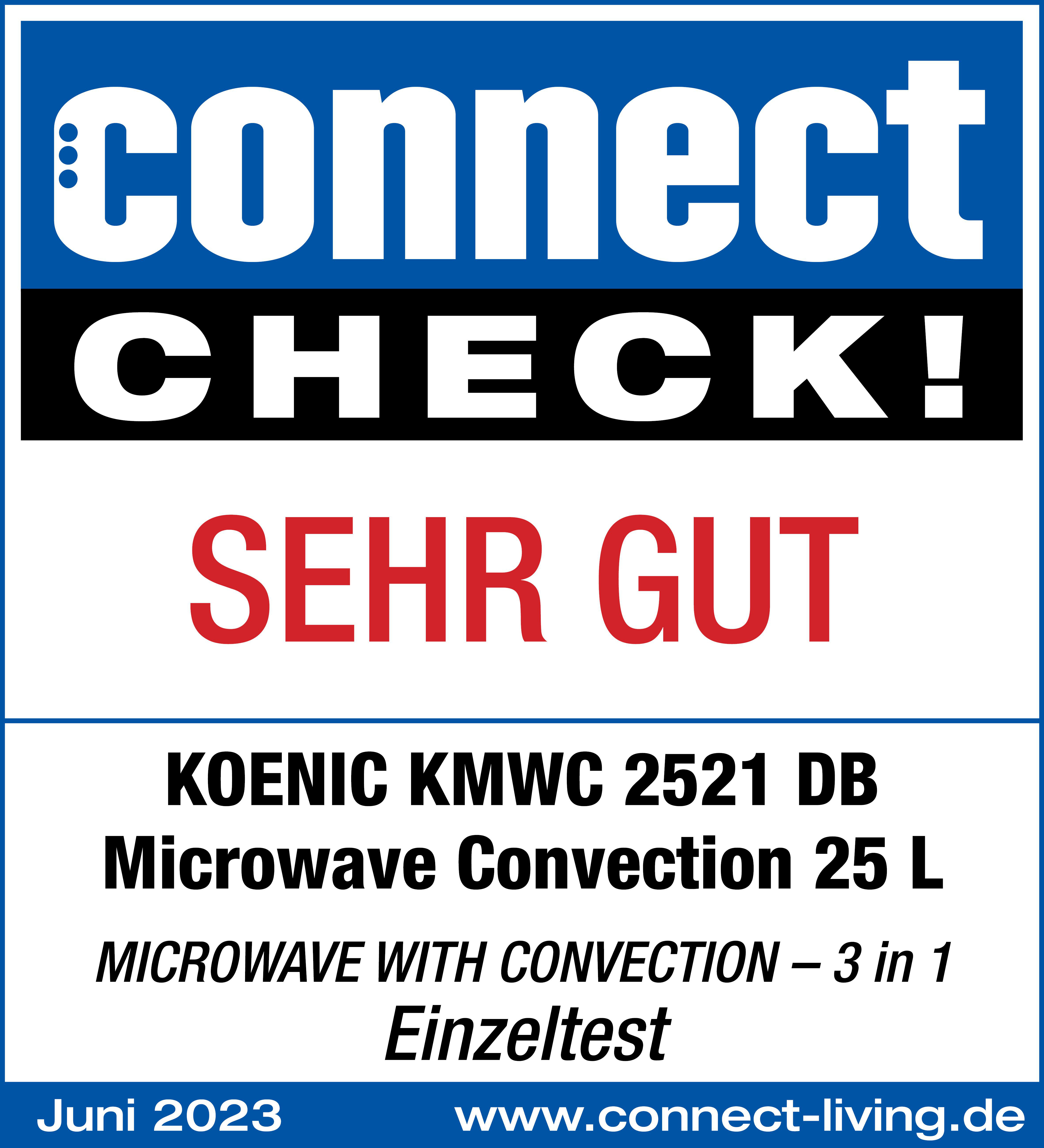 Connect CHECK! Label mit Text: 'SEHR GUT'. Koenic Mikrowelle Details und Datum.