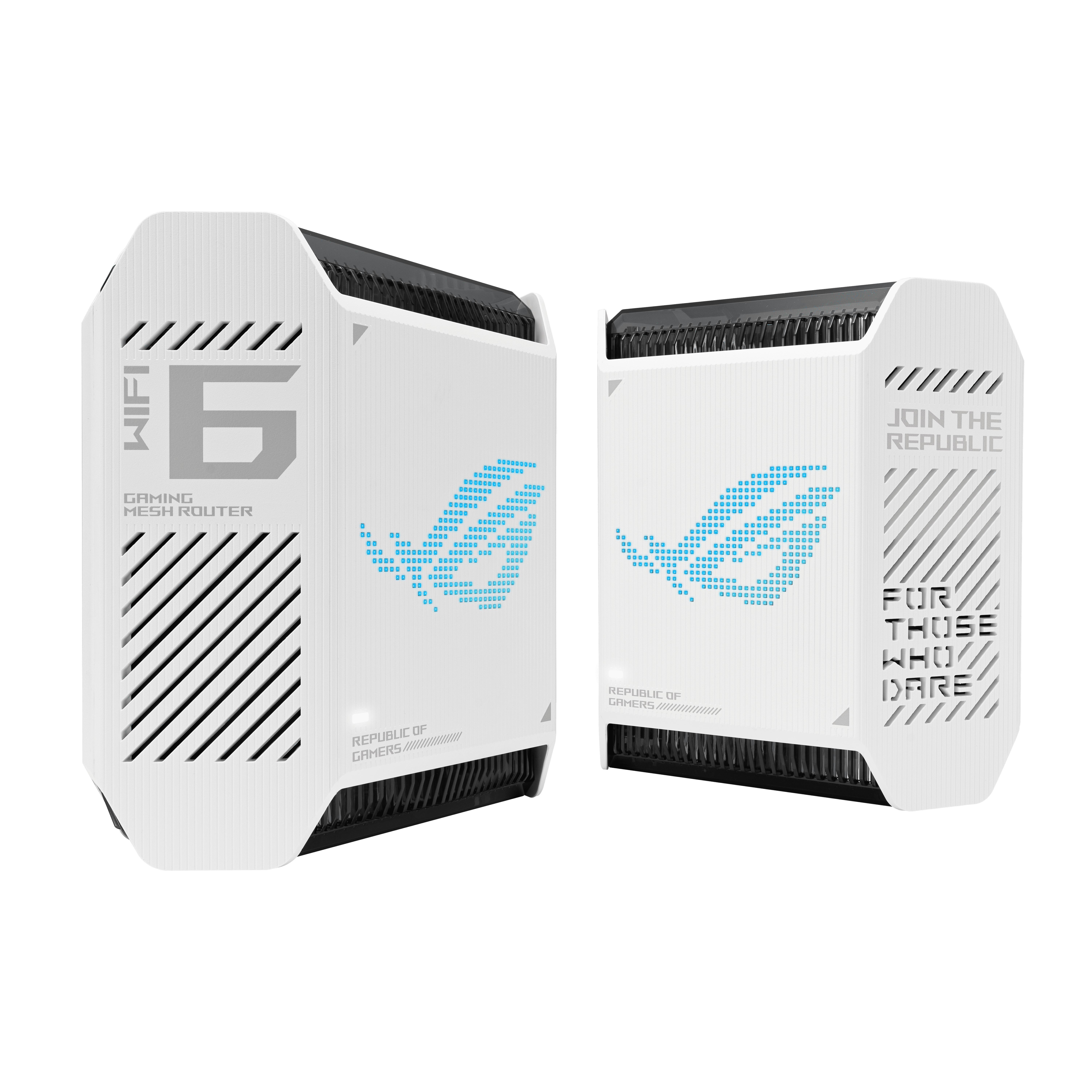 Dos enrutadores de malla para juegos blancos con el logotipo 'ROG', sobre un fondo blanco.