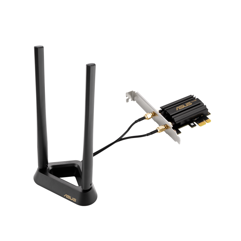 Un conjunto de antena WiFi negra. Está sobre un fondo negro con la palabra ASUS.
