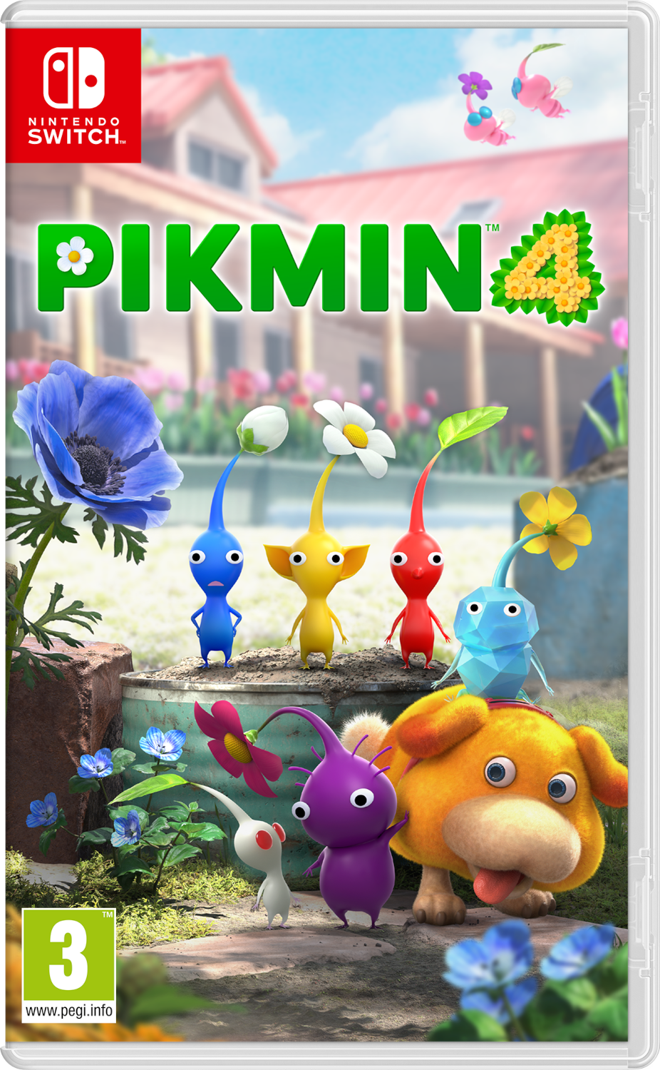 Pikmin 4 Nintendo Switch gamebox, met personages en een huis.