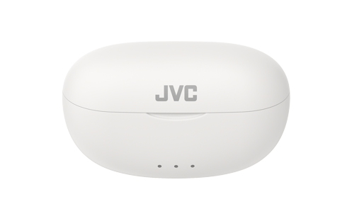Una funda blanca para auriculares JVC con tres luces pequeñas. La funda es ovalada.