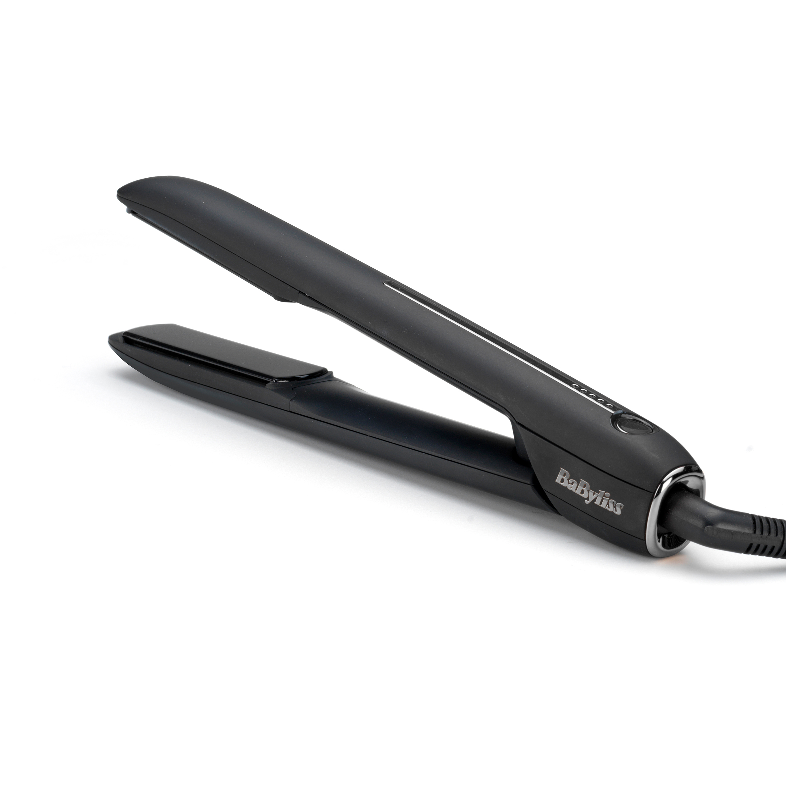 Plancha de pelo negra con placas abiertas sobre fondo blanco. Texto: BaByliss.