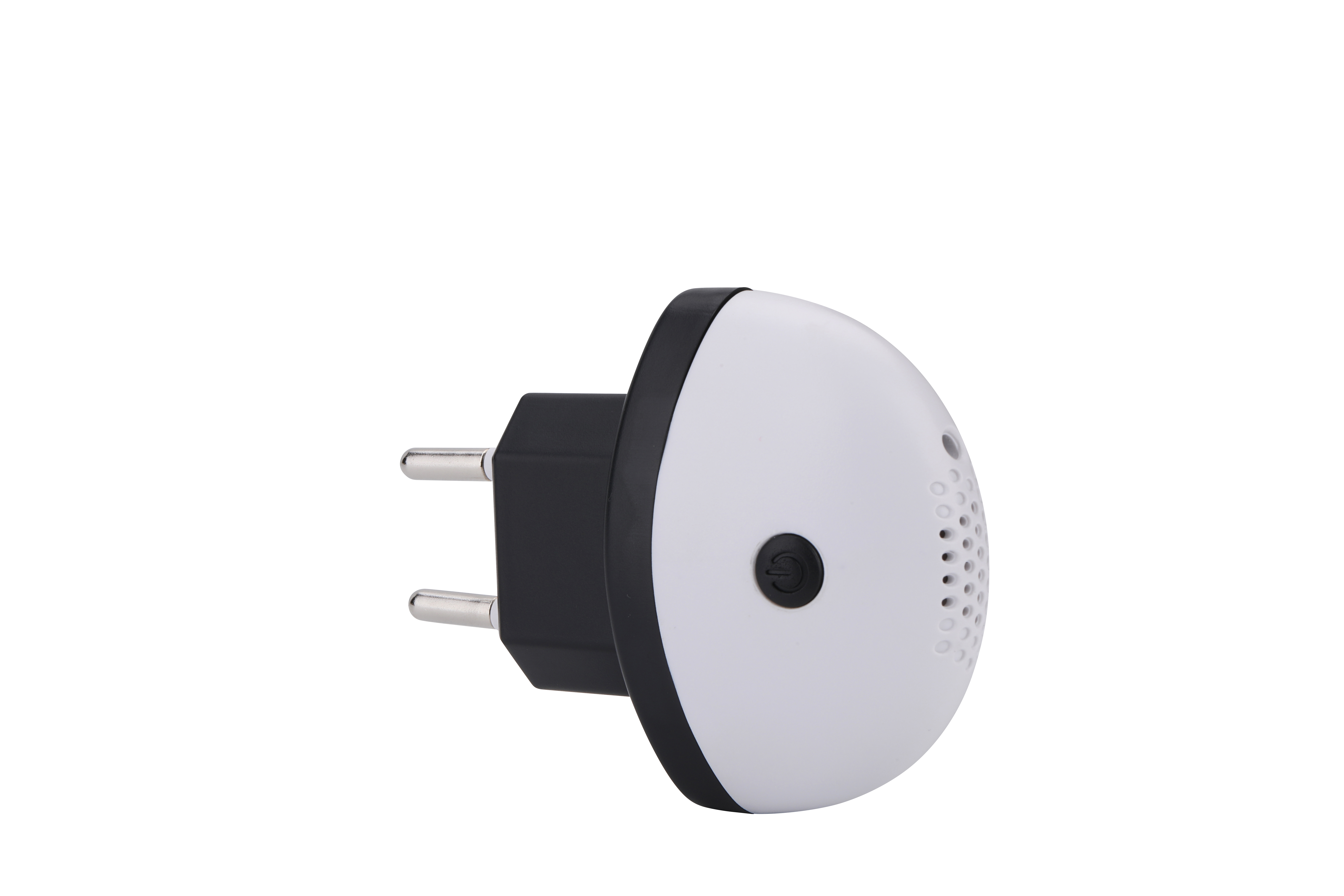 Enchufe eléctrico blanco y negro con botón y orificios de ventilación.