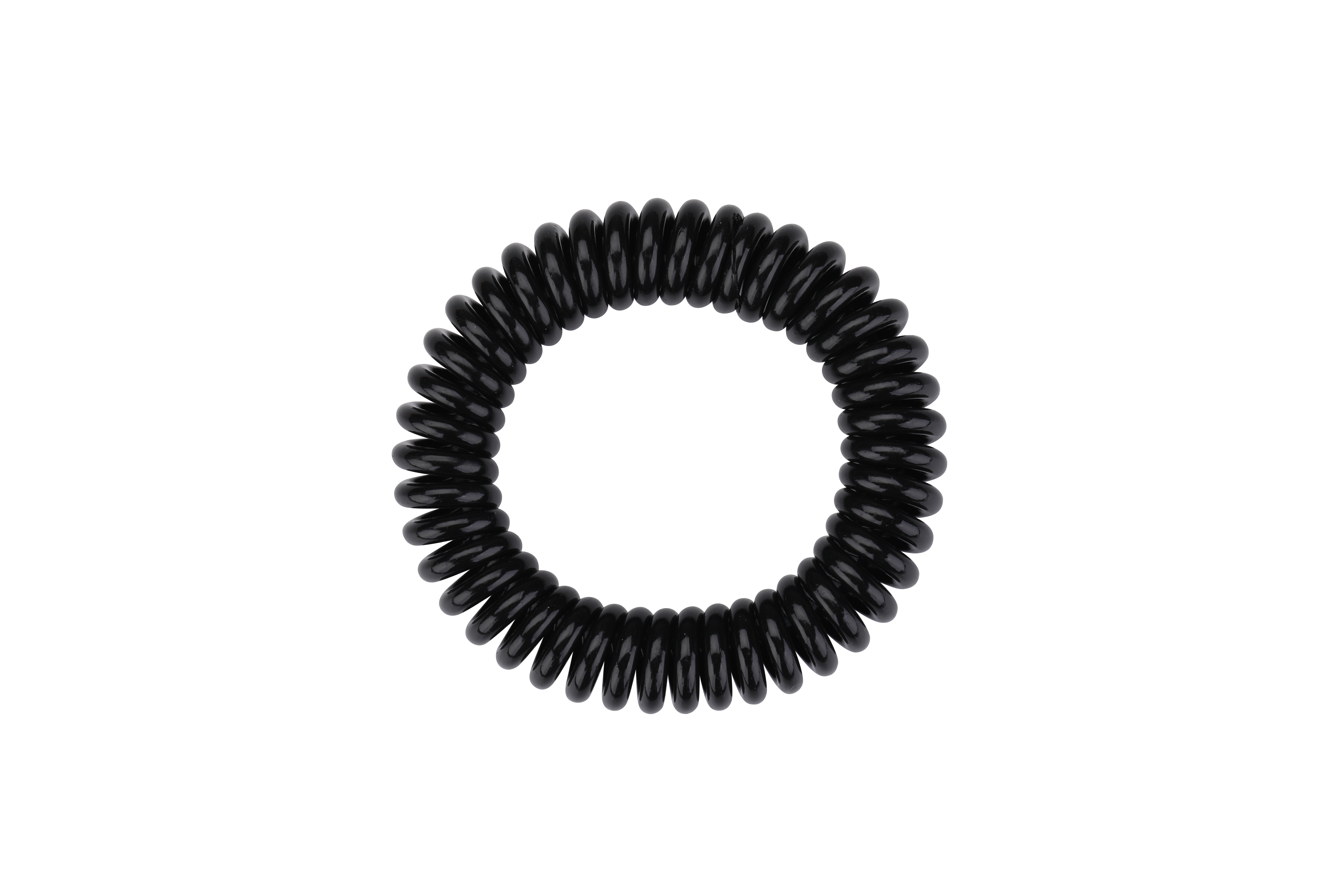 Una goma de pelo espiral negra sobre fondo blanco.