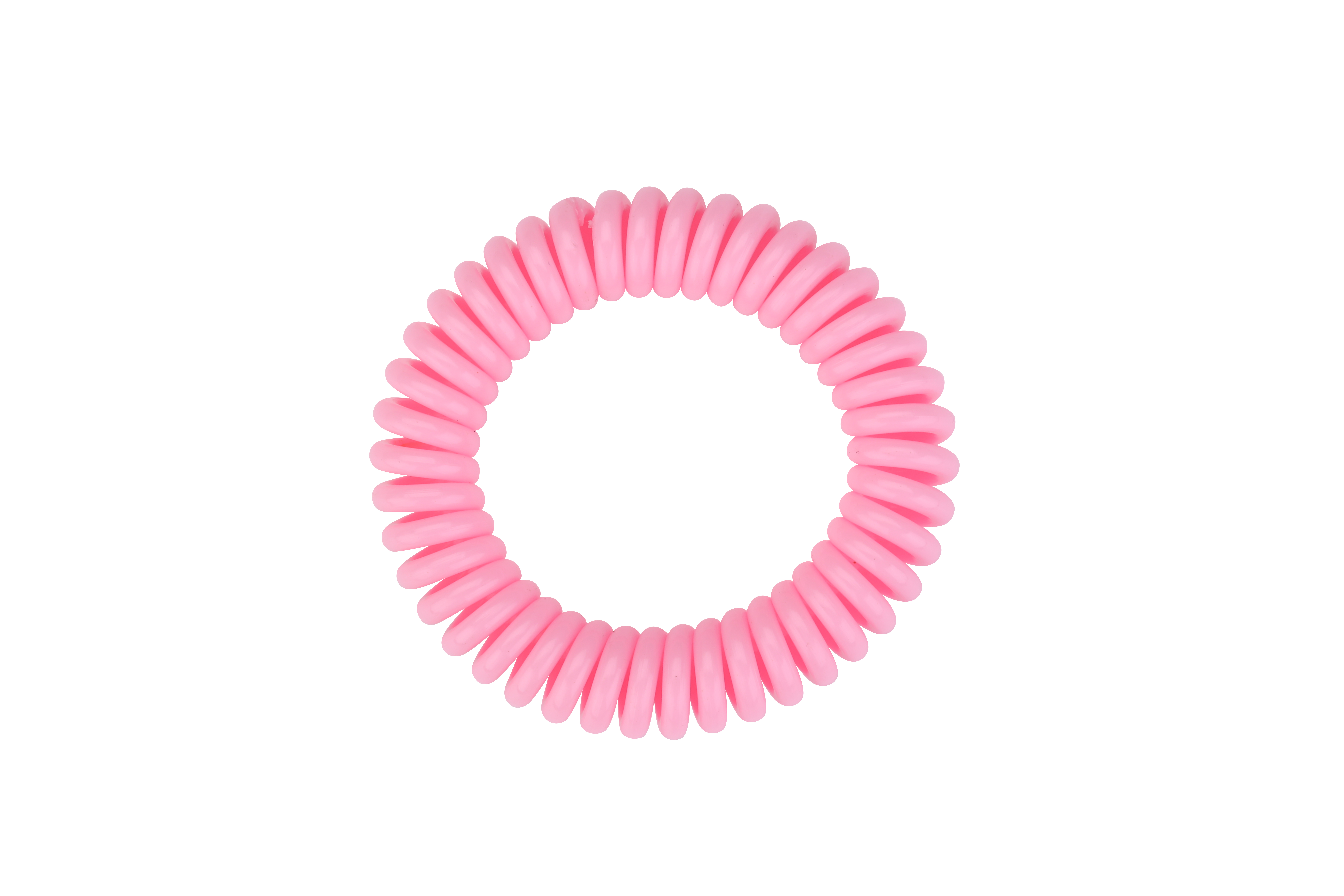 Goma de pelo en espiral rosa. Aislada sobre fondo blanco. La goma es rosa brillante.