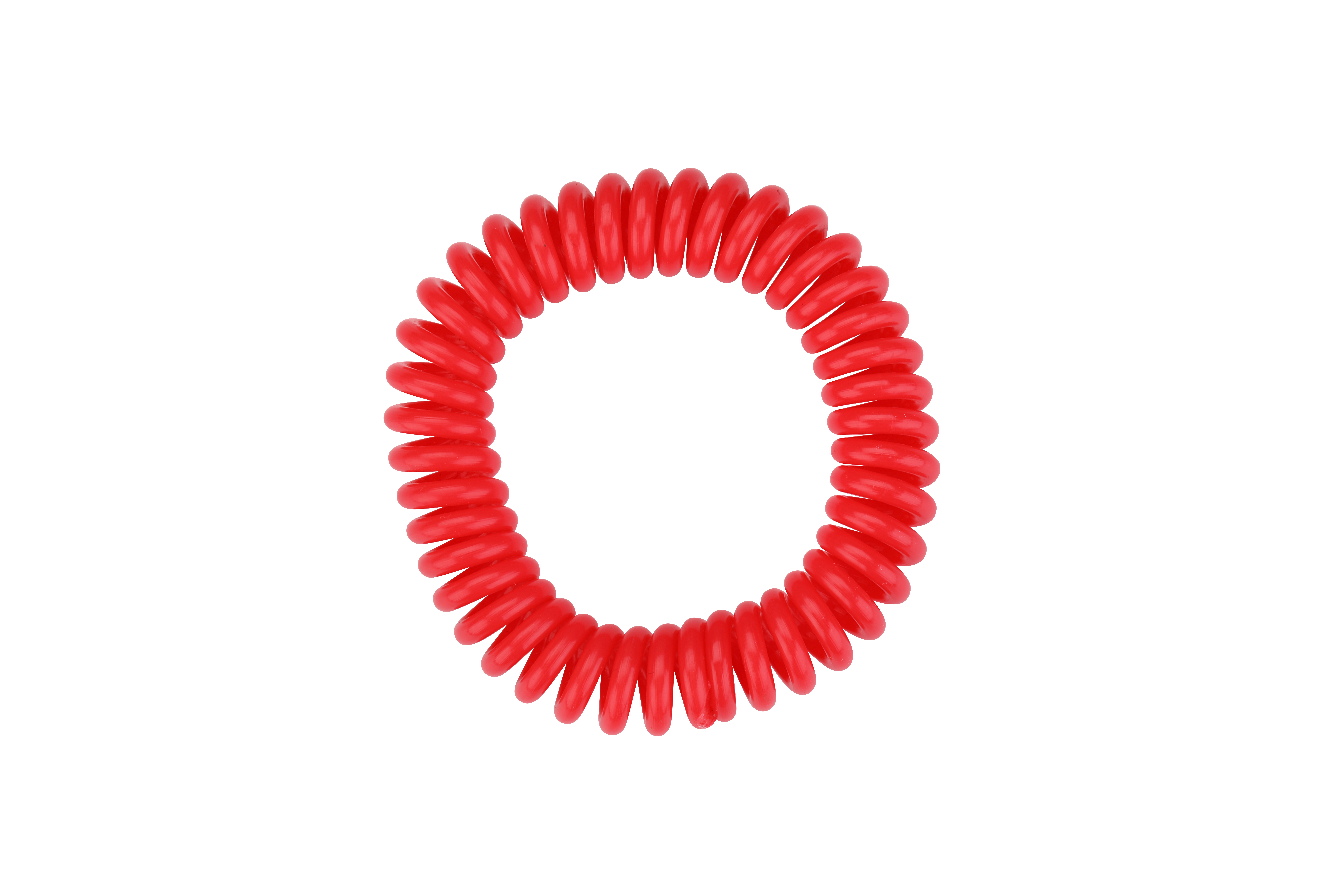 Goma de pelo espiral roja, aislada sobre fondo blanco.