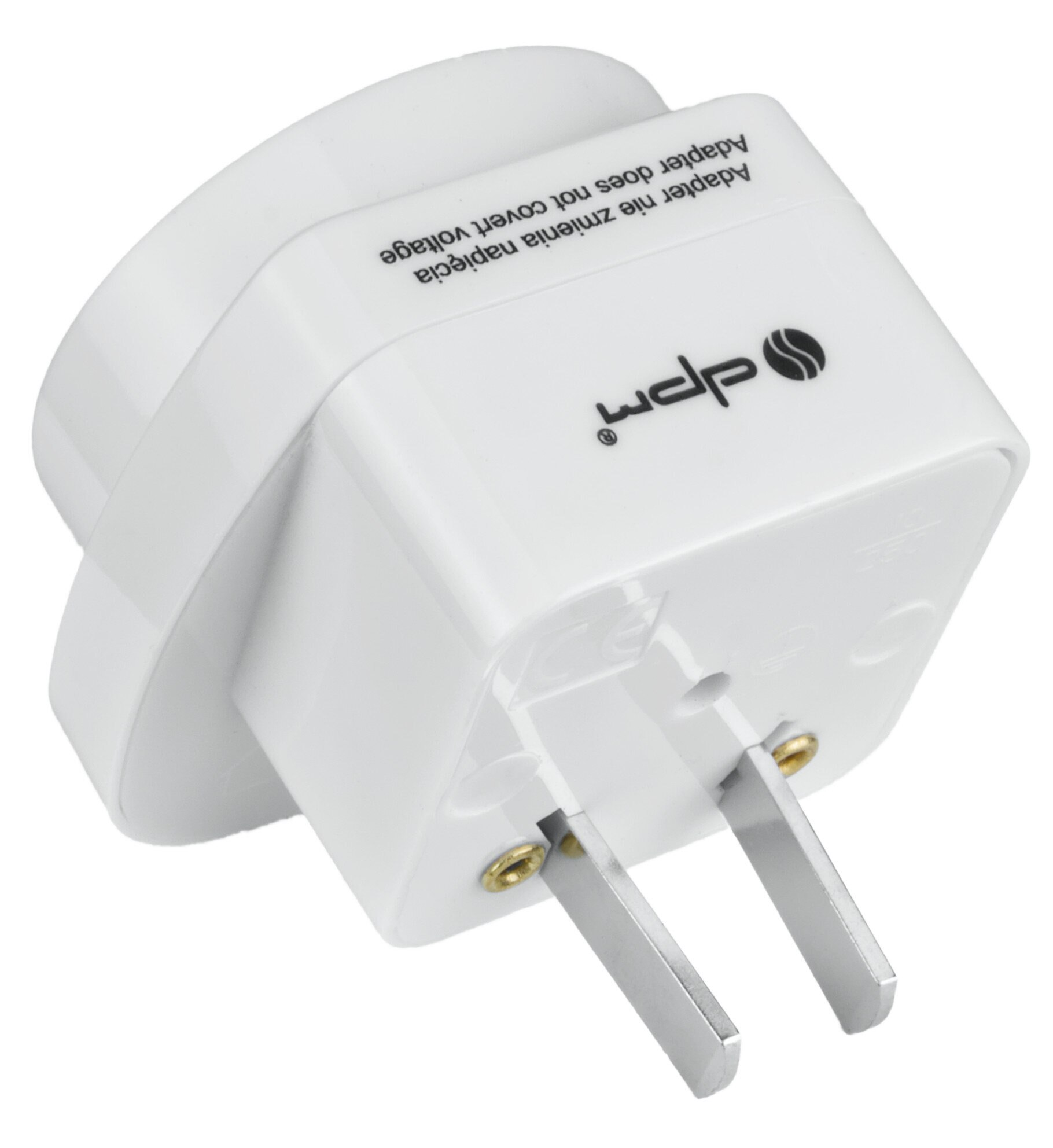 Biały adapter z dwoma bolcami, tekst: Adapter nie obejmuje napięcia.