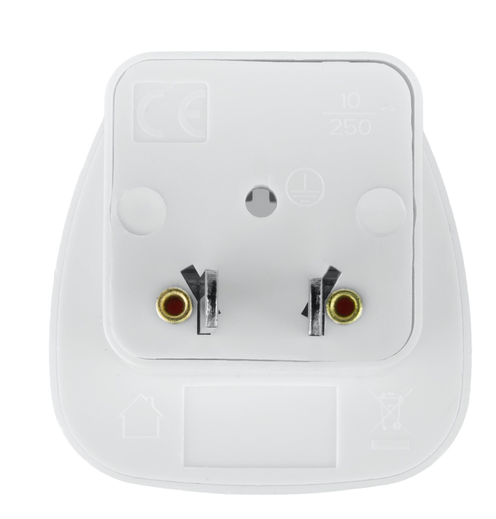 Biały zasilacz z dwoma bolcami i gniazdem wtyczki brytyjskiej.