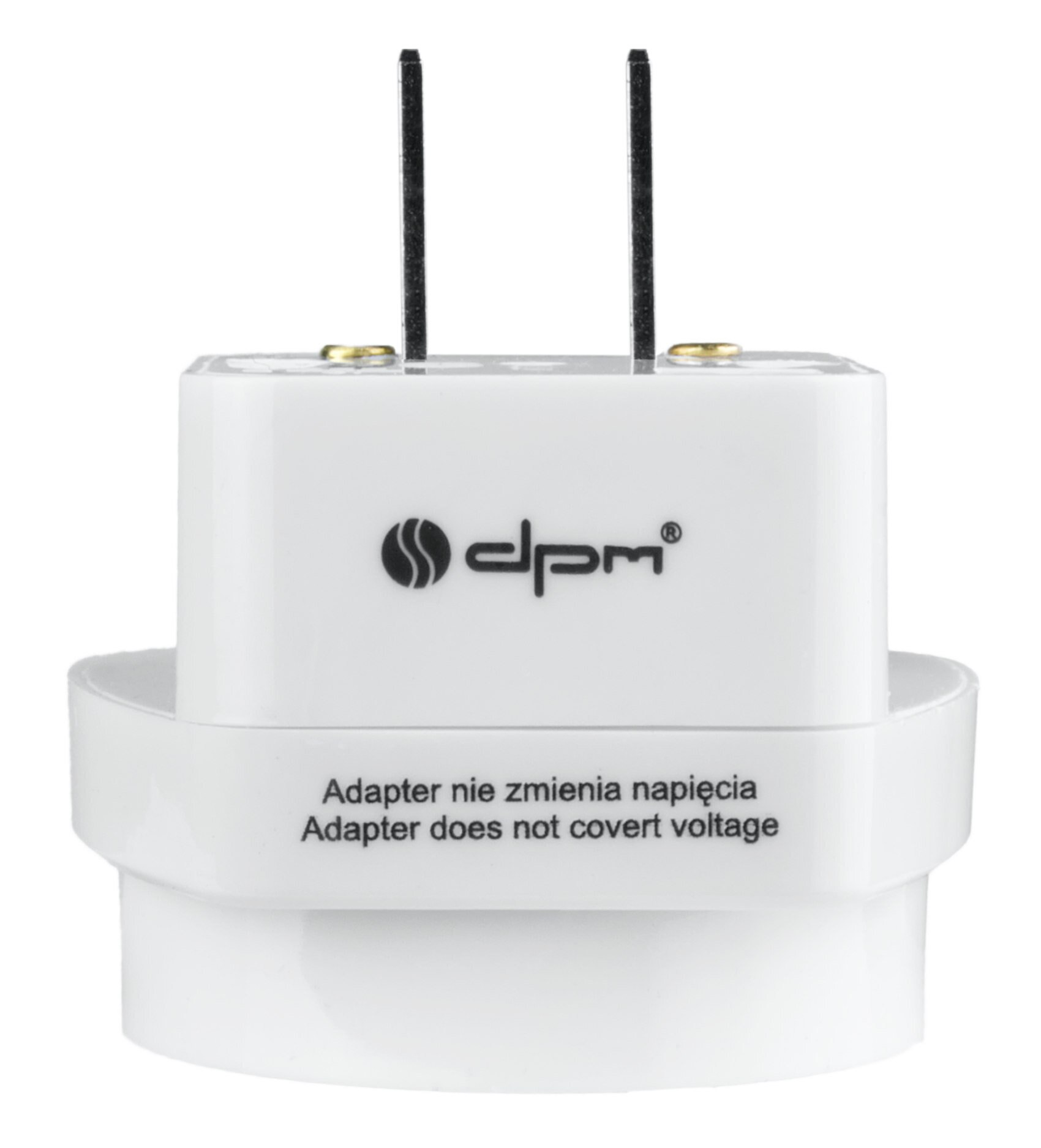 Biały adapter z czarnymi bolcami. Tekst mówi: Adapter nie zmienia napięcia.