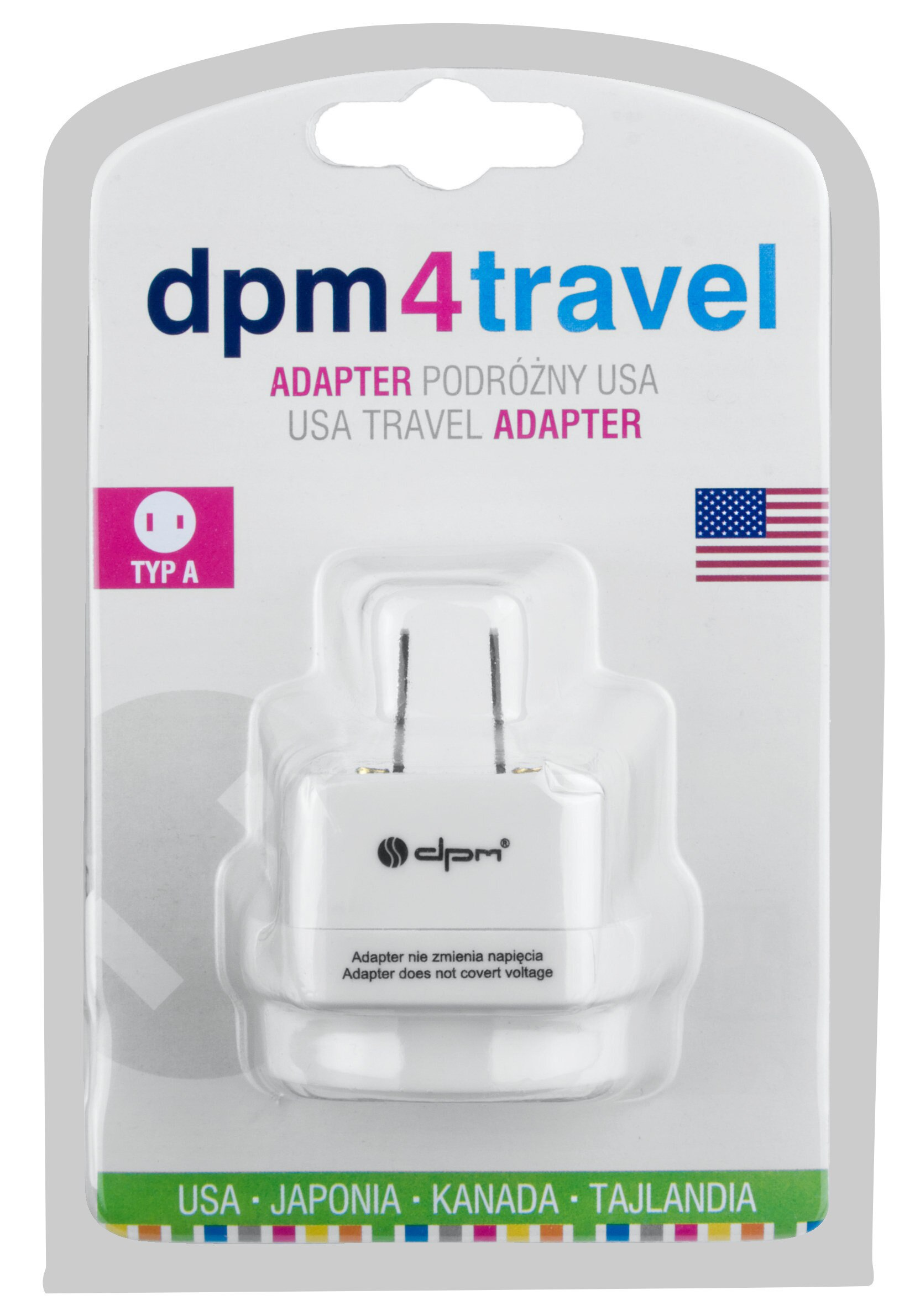 Białe opakowanie adaptera podróżnego z flagą USA i tekstem: dpm4travel, USA Travel Adapter oraz USA, Japonia, Kanada, Tajlandia.