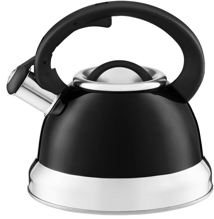 Czarny i srebrny czajnik z uchwytem, dziobkiem i odblaskową podstawą, na białym tle.