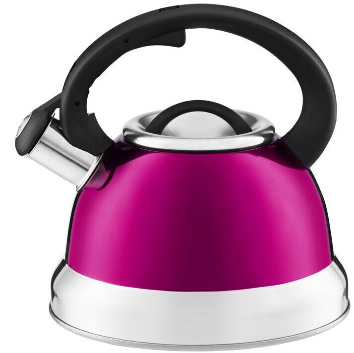 Czajnik w kolorze magenta z czarnym uchwytem.
