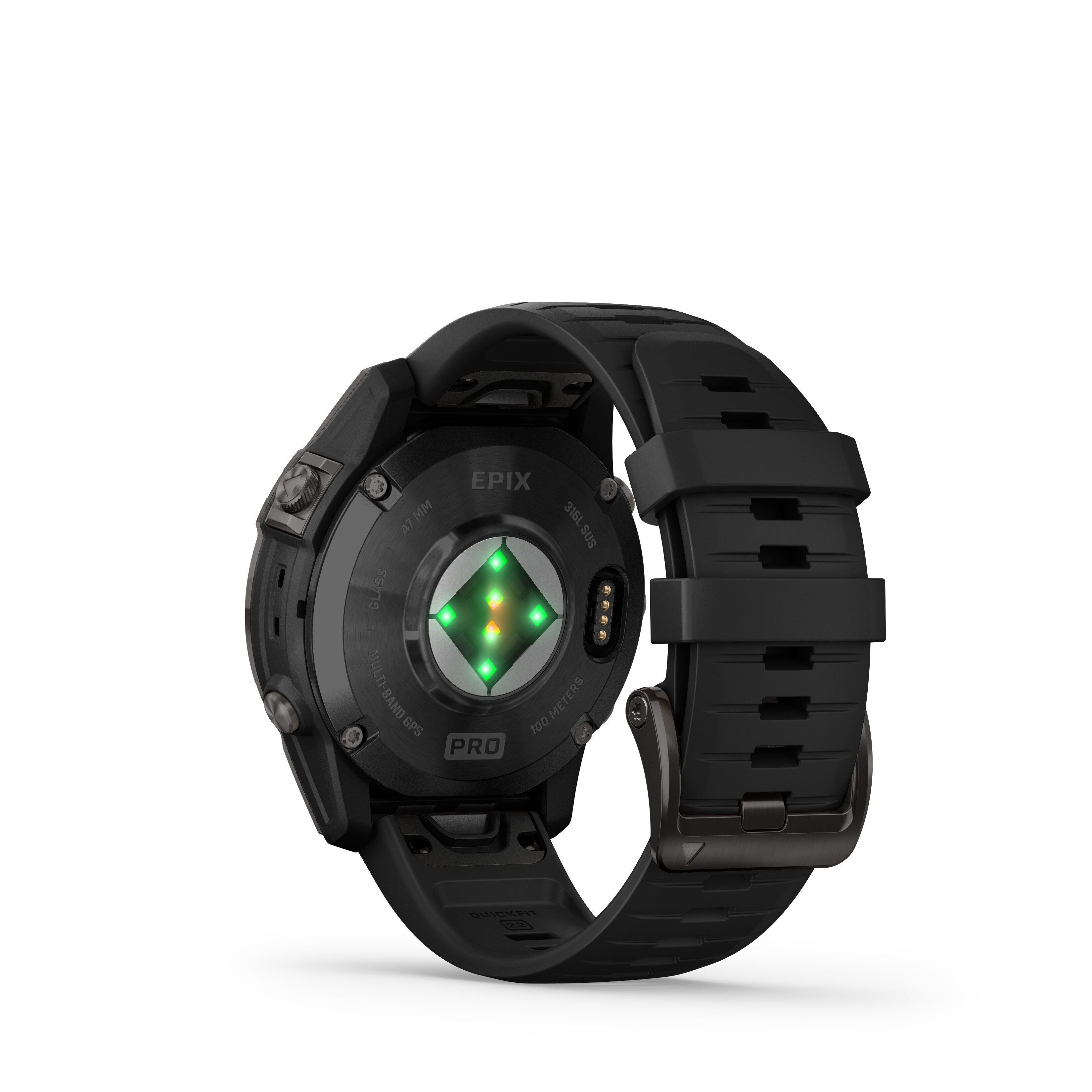 Tył czarnego zegarka Garmin z zielonym czujnikiem i czarnym paskiem.