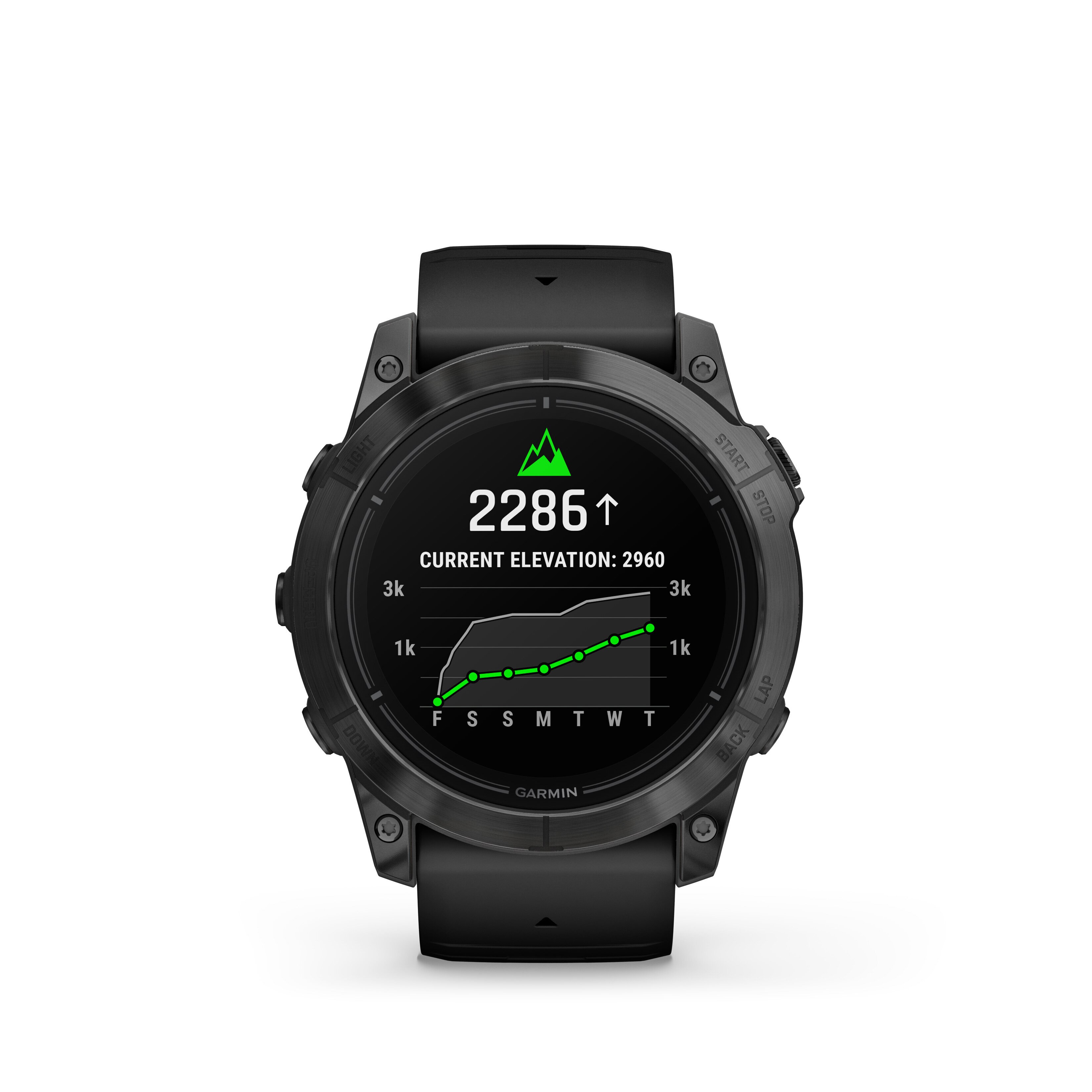 Czarny zegarek Garmin wyświetlający dane o wysokości. Zegarek zawiera wykres i aktualną wysokość.