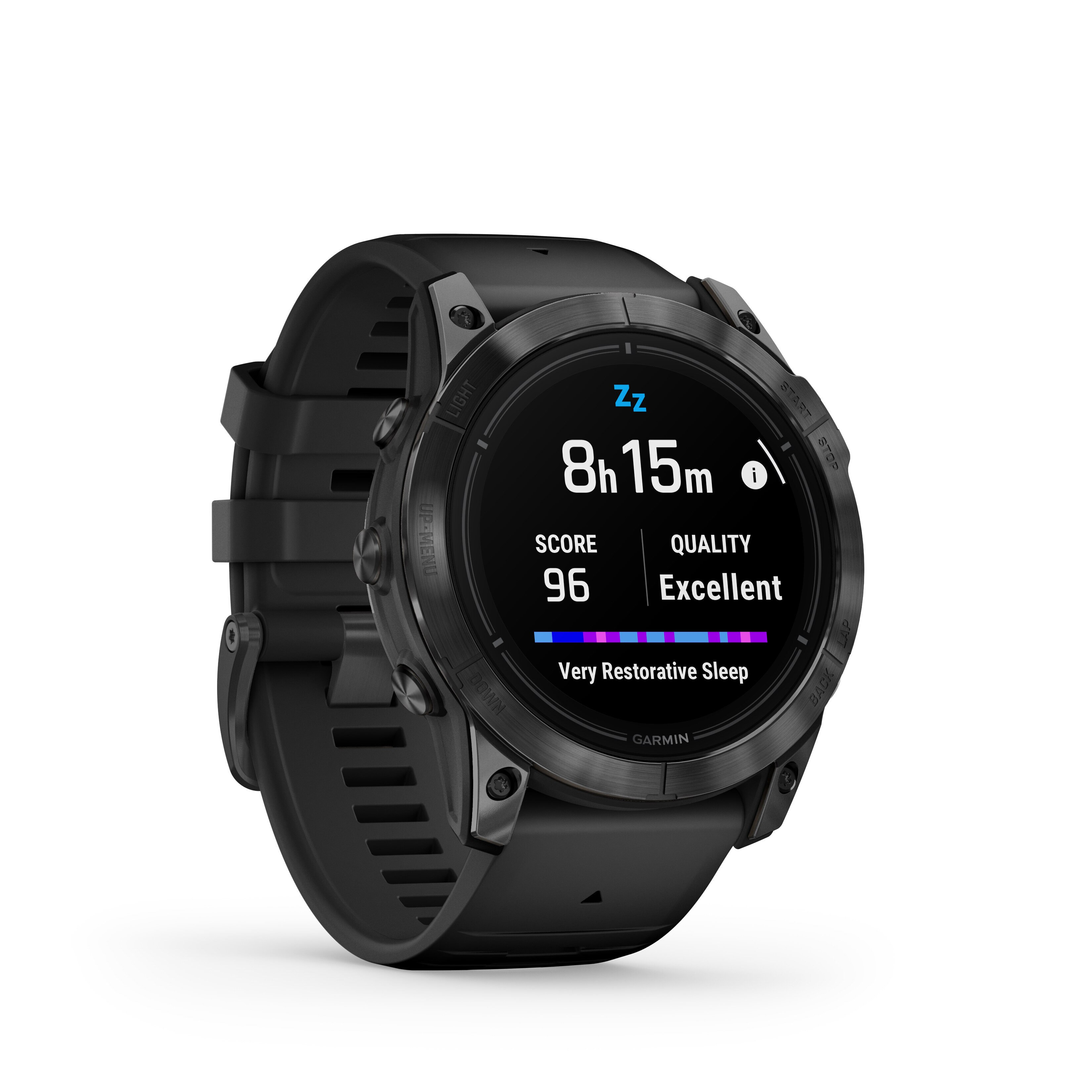 Czarny smartwatch Garmin wyświetlający dane snu: 8h15m, Wynik 96, Jakość Doskonała. Czarny pasek. Białe tło.