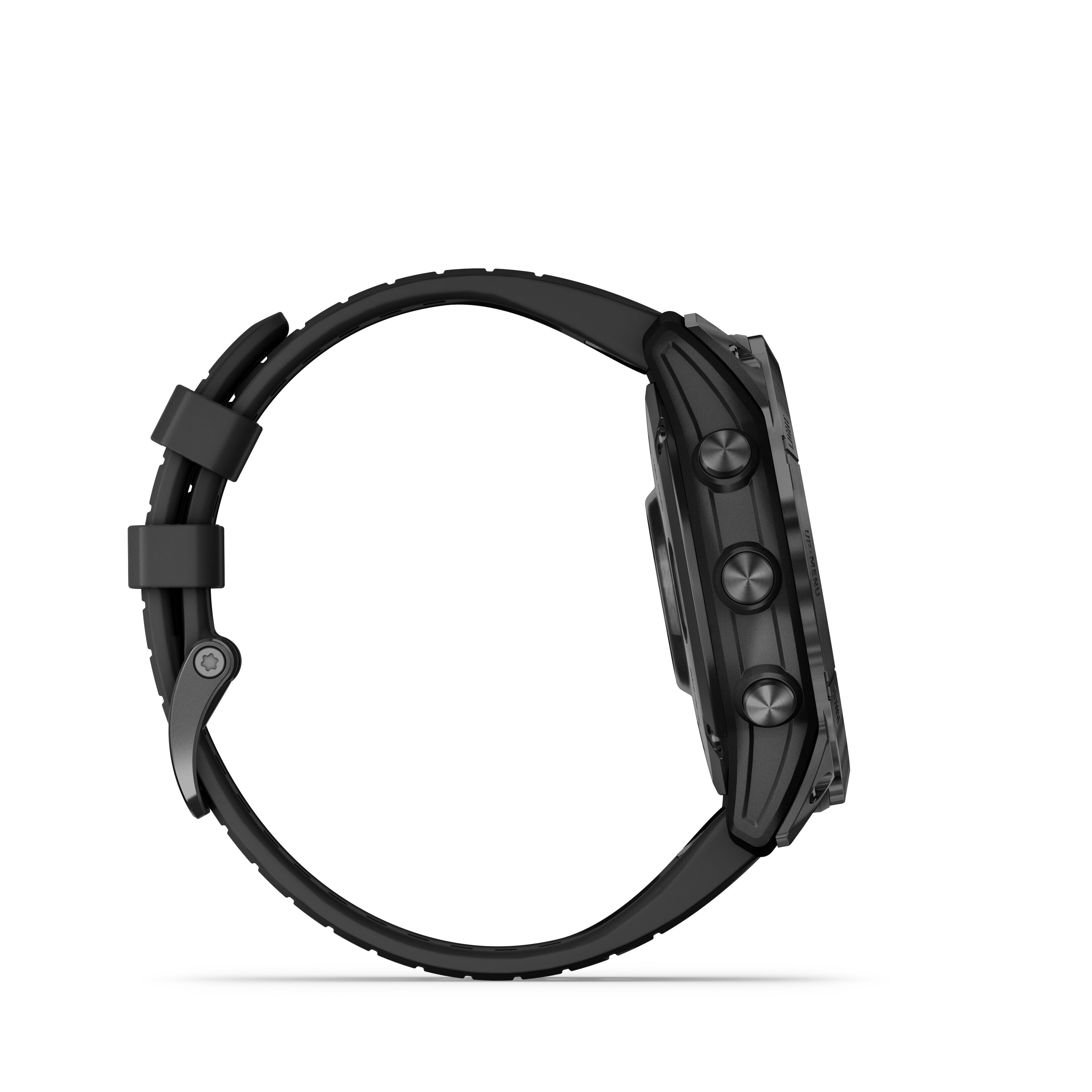Czarny smartwatch z czarnym paskiem, widok z boku. Zegarek ma trzy przyciski.