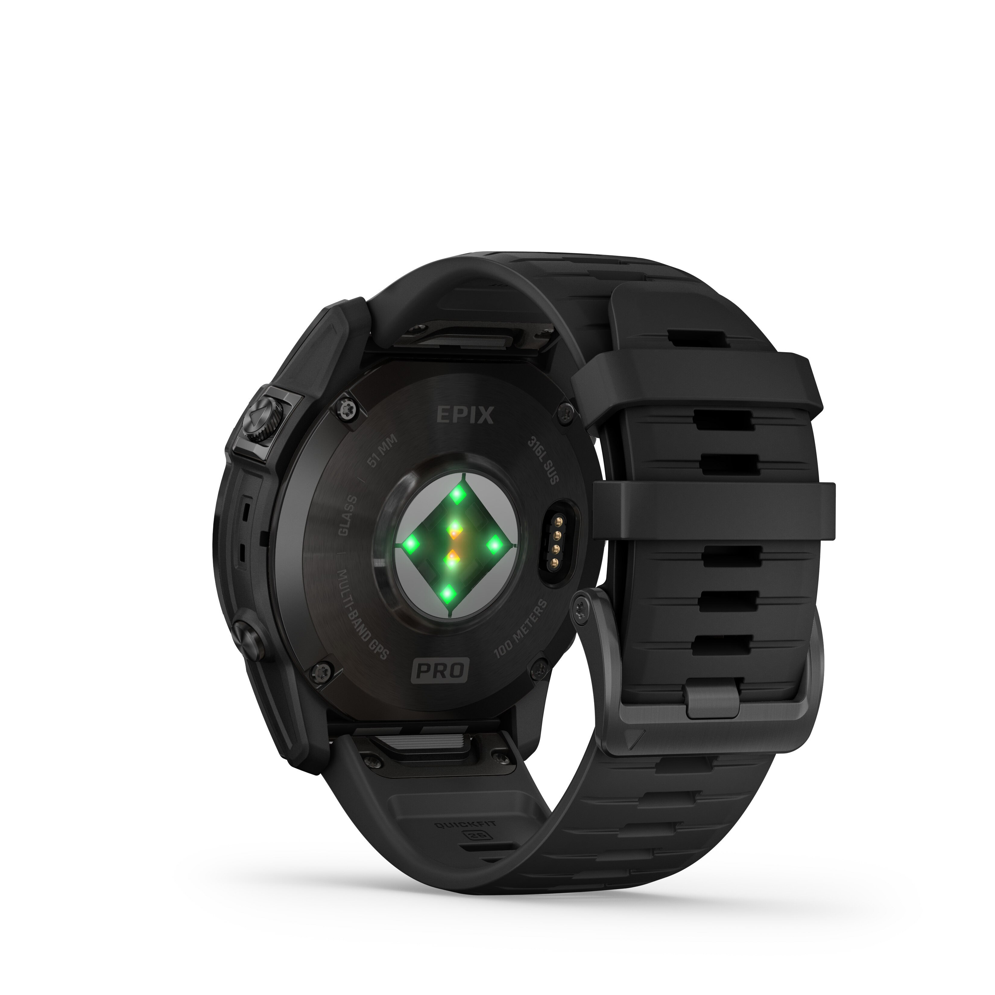 Czarny zegarek Garmin Epix Pro, widok z tyłu, pokazujący czujniki i pasek.