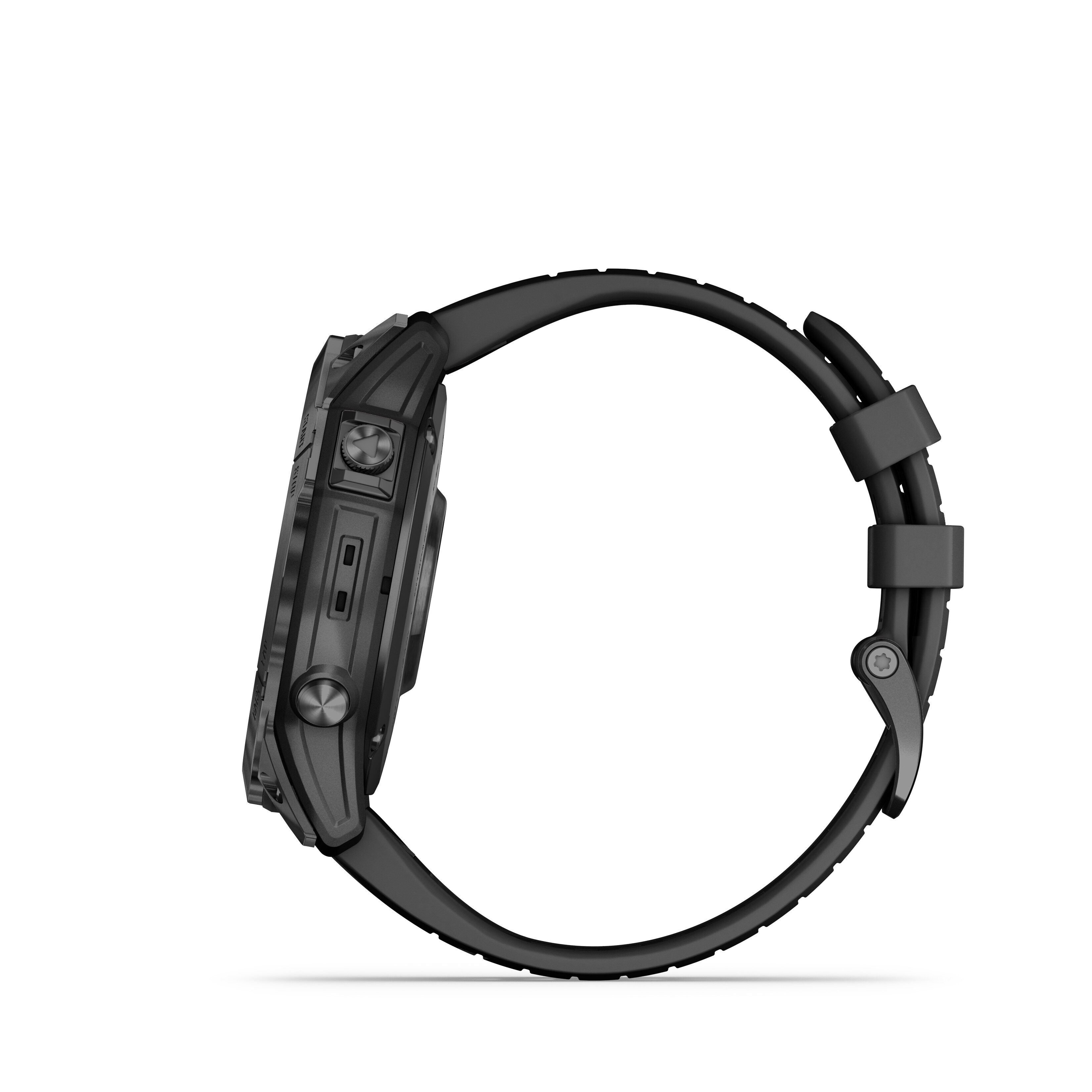 Czarny smartwatch na białym tle, widok z boku.