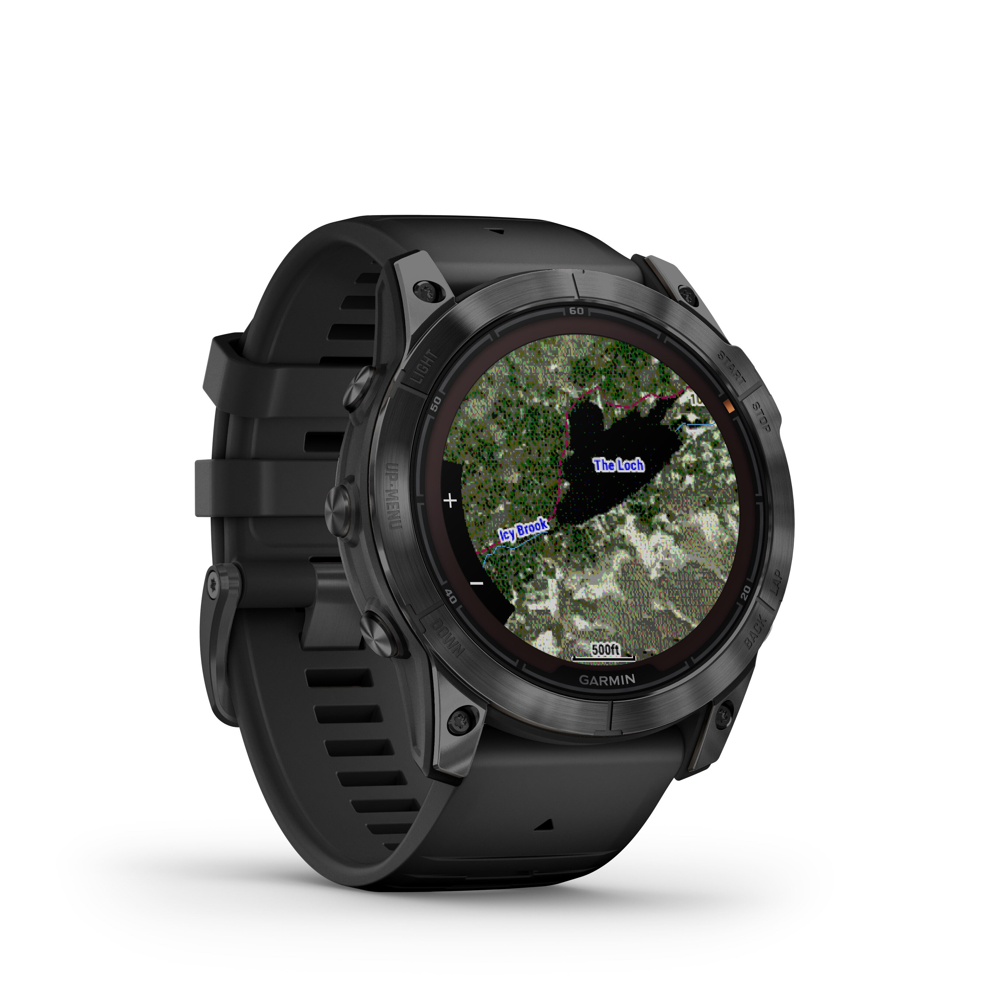 Smartwatch Garmin, czarny, pokazujący mapę jeziora. Przyciski z boku, czarny pasek.
