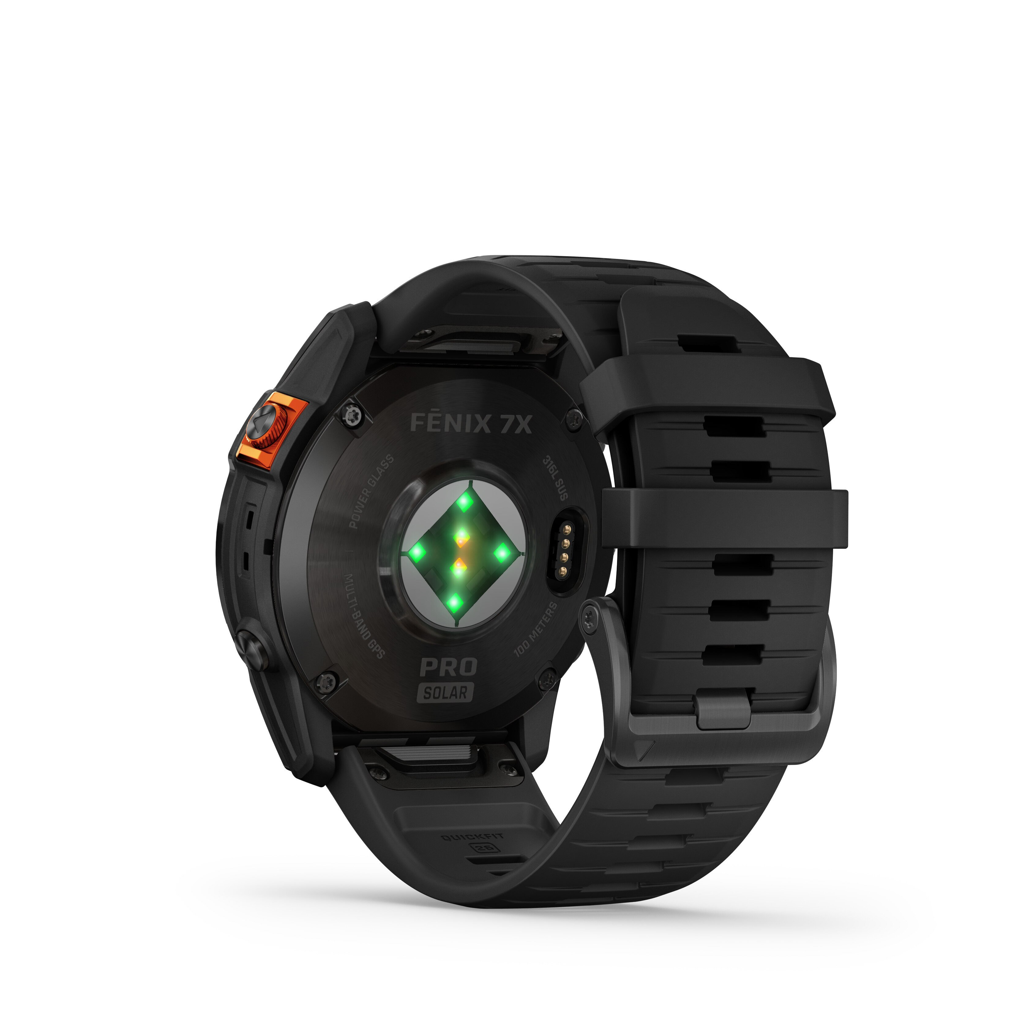 Smartwatch Garmin Fenix 7X Pro Solar. Widok z tyłu z czujnikami, pomarańczowym przyciskiem i czarnym paskiem.