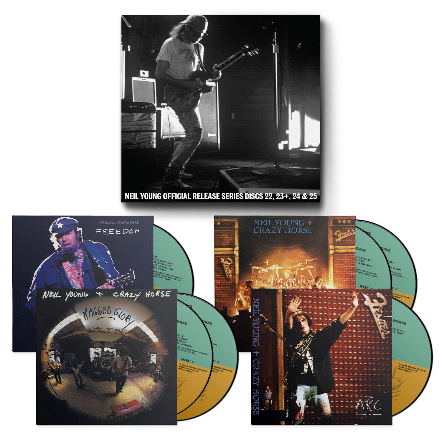 Albumcover und ein Schwarz-Weiß-Foto von Neil Young, der auf einer Bühne Gitarre spielt.
