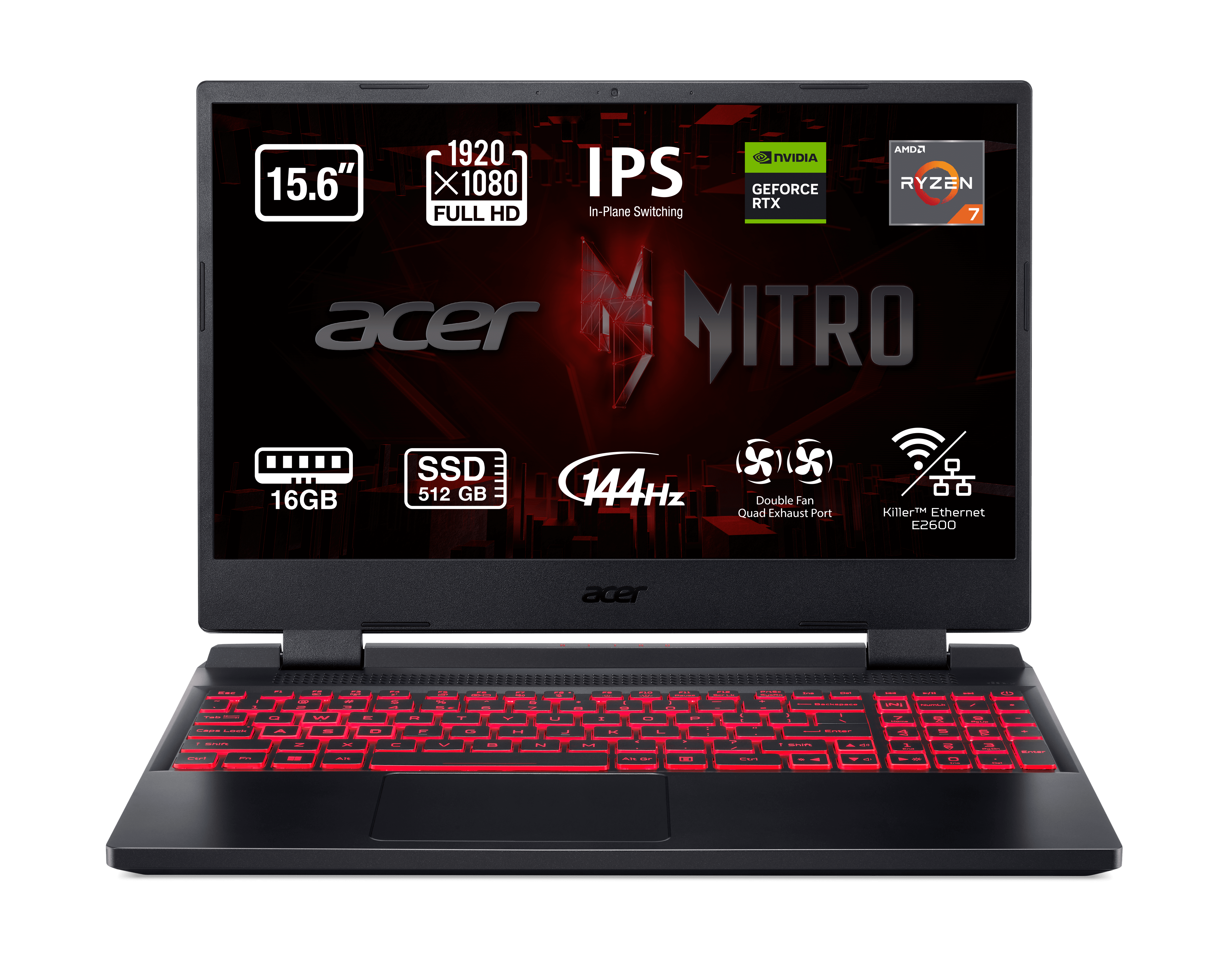 Portátil Acer Nitro negro. Tiene un teclado retroiluminado en rojo y una pantalla grande.