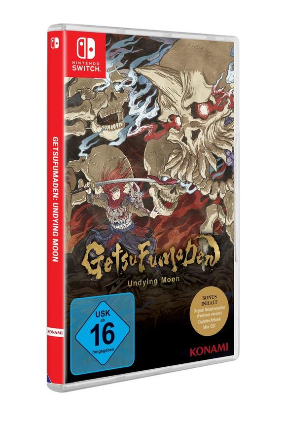 Spielhülle von 'GetsuFumaDen: Undying Moon'. Das Spielcover zeigt einen Krieger, der Monster bekämpft, rot und weiß.