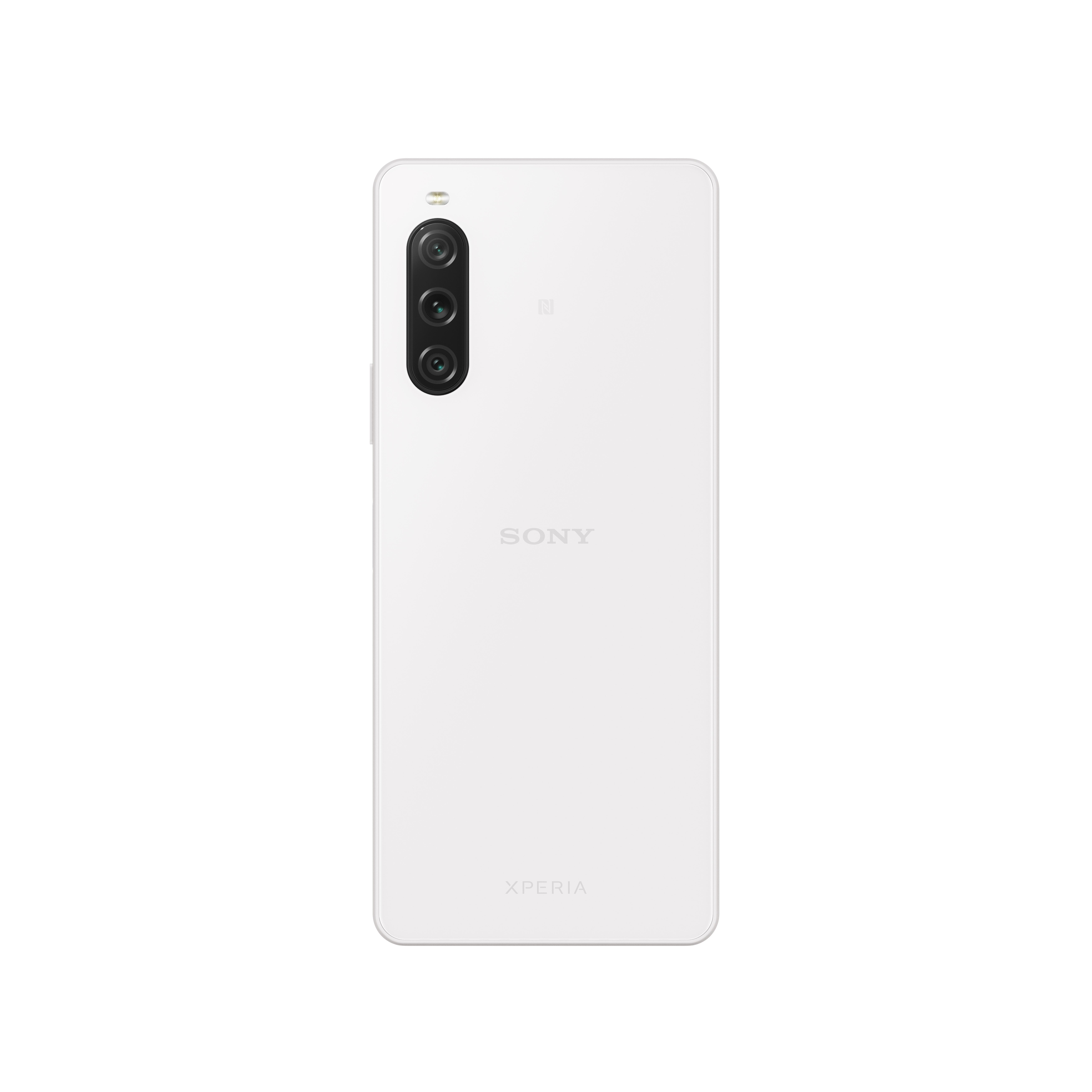 Weißes Sony Xperia Telefon, Rückansicht, mit drei Kameras und Sony Logo.
