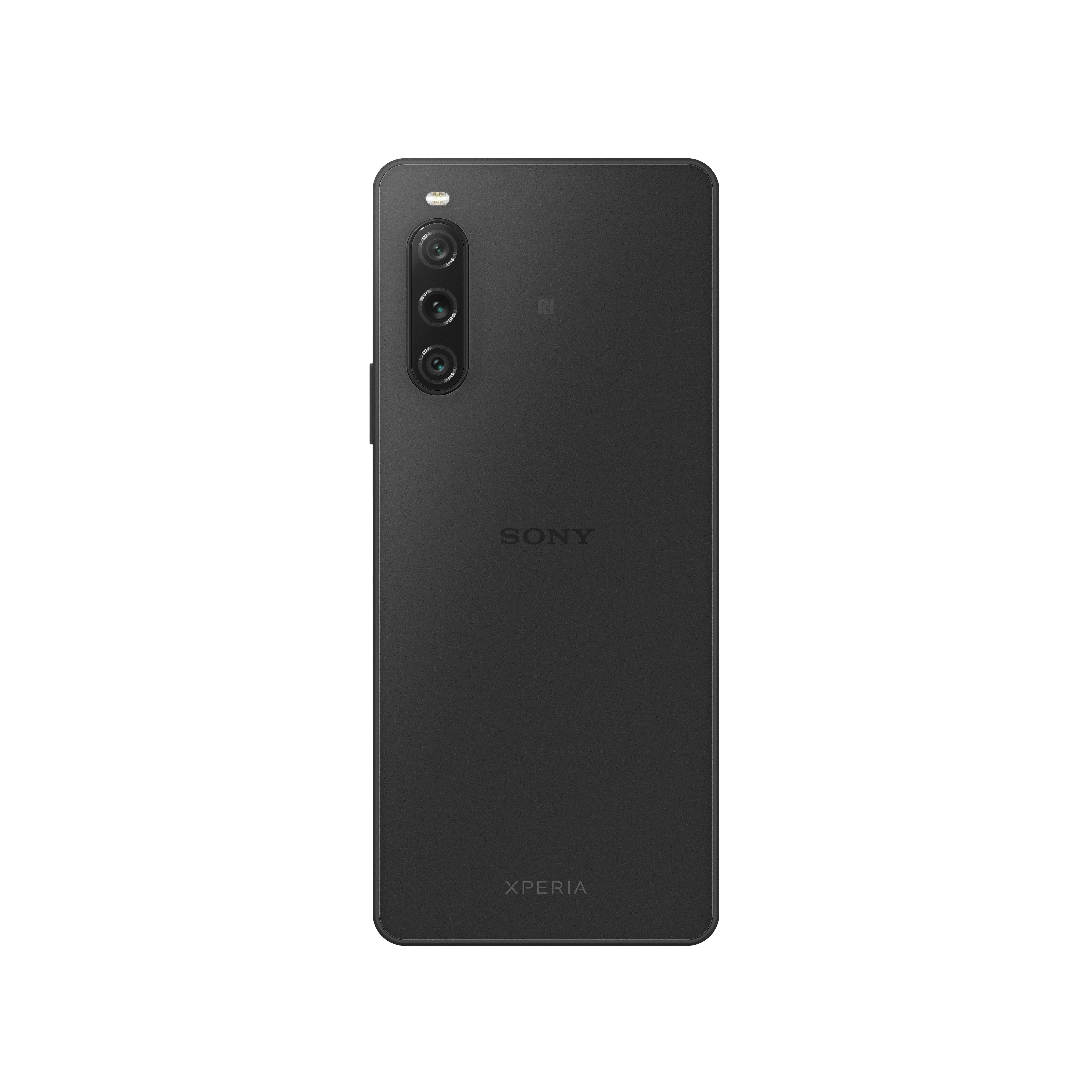 Die Rückseite eines schwarzen Sony Xperia-Telefons mit drei Kameras und dem Sony-Logo.