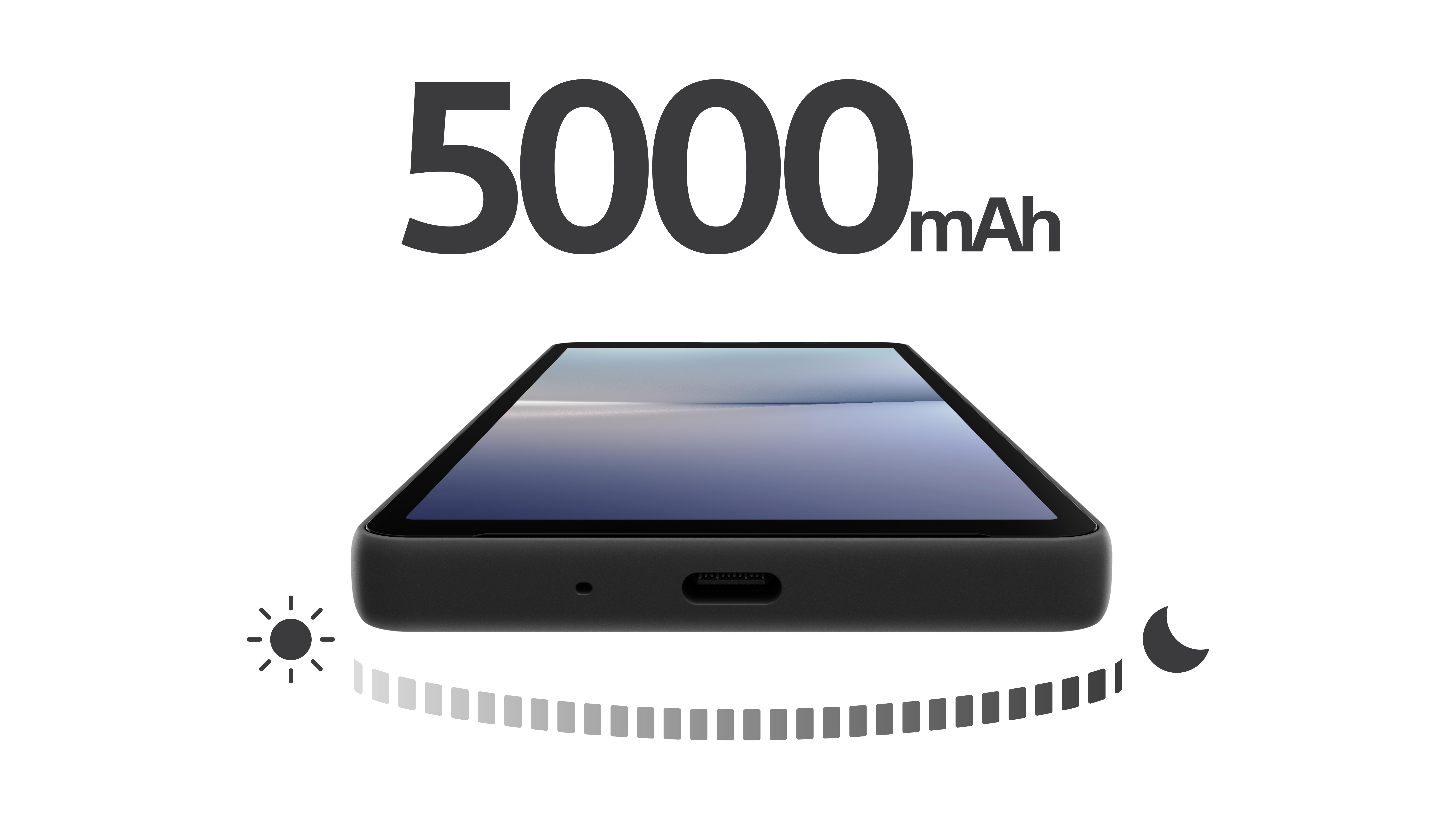 Schwarzes Smartphone mit den Worten "5000 mAh" und einer Sonne-Mond-Grafik.