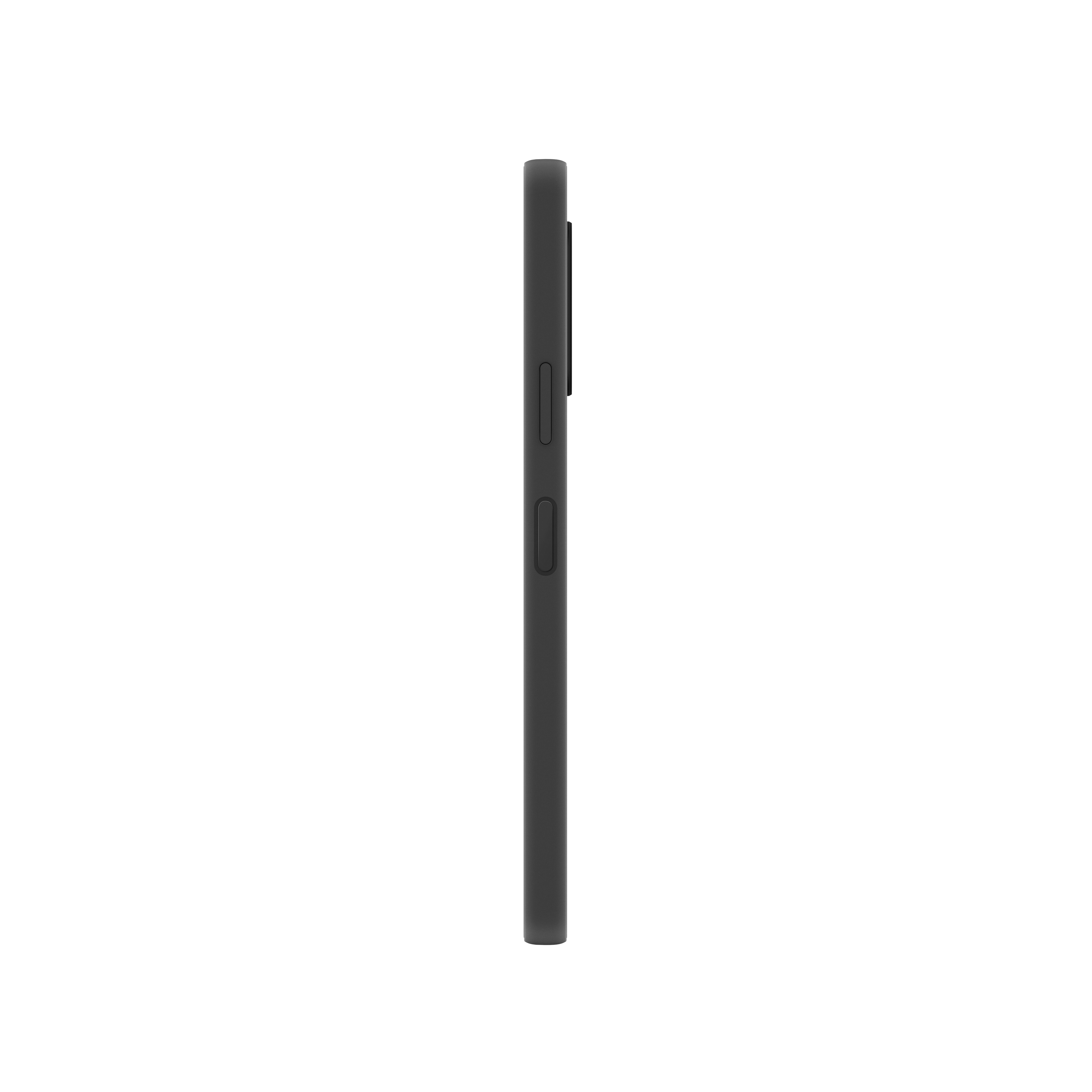 Seitenansicht eines dunkelgrauen Smartphones. Zeigt Tasten und eine Kamera.