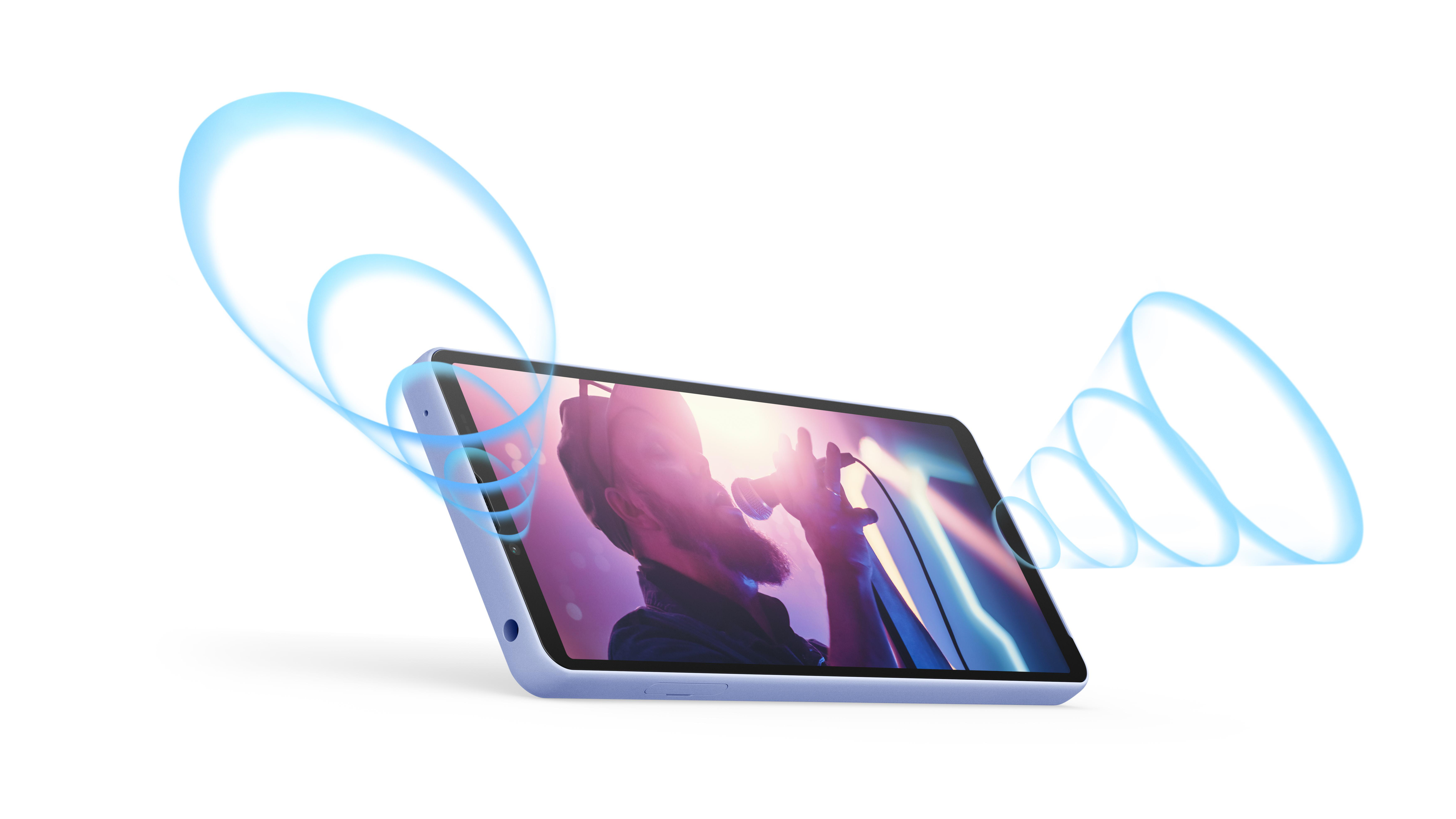 Ein Tablet, das einen Sänger auf der Bühne zeigt, mit Schallwellen, die von dem Gerät ausgehen.