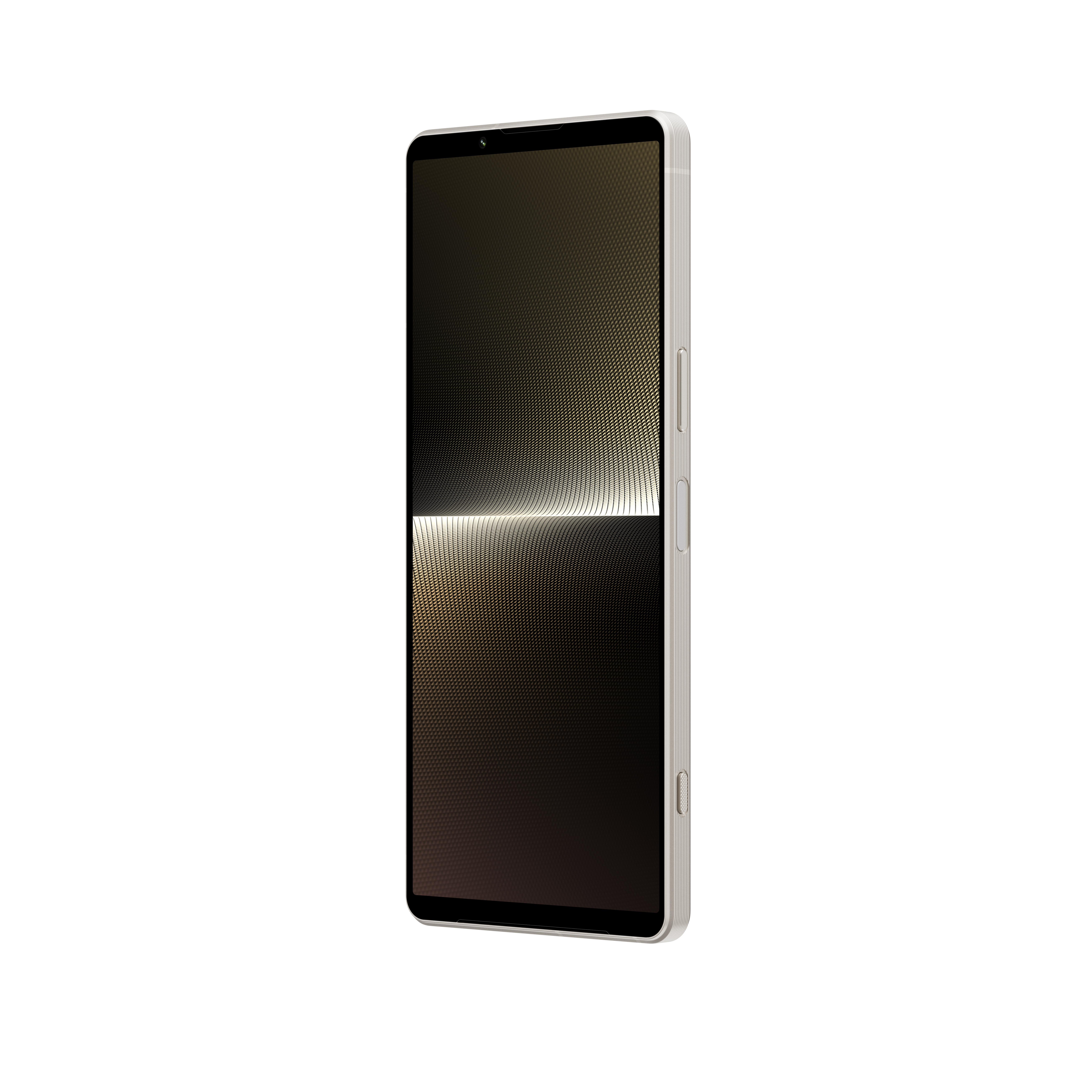 Ein silbernes Telefon steht aufrecht und zeigt einen dunklen Bildschirm mit einem Lichtbalken.