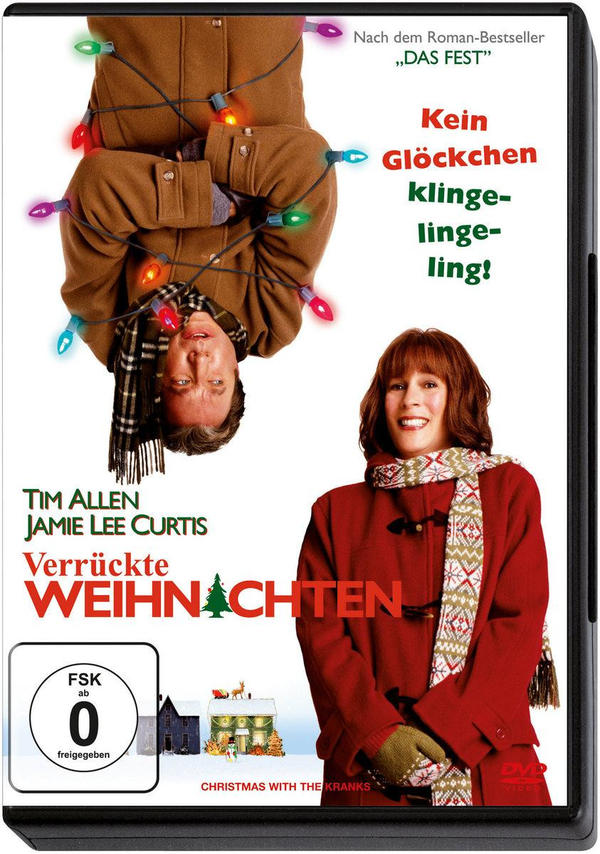 DVD-Hülle von 'Verrückte Weihnachten', mit kopfüber Personen und Weihnachtsbeleuchtung.