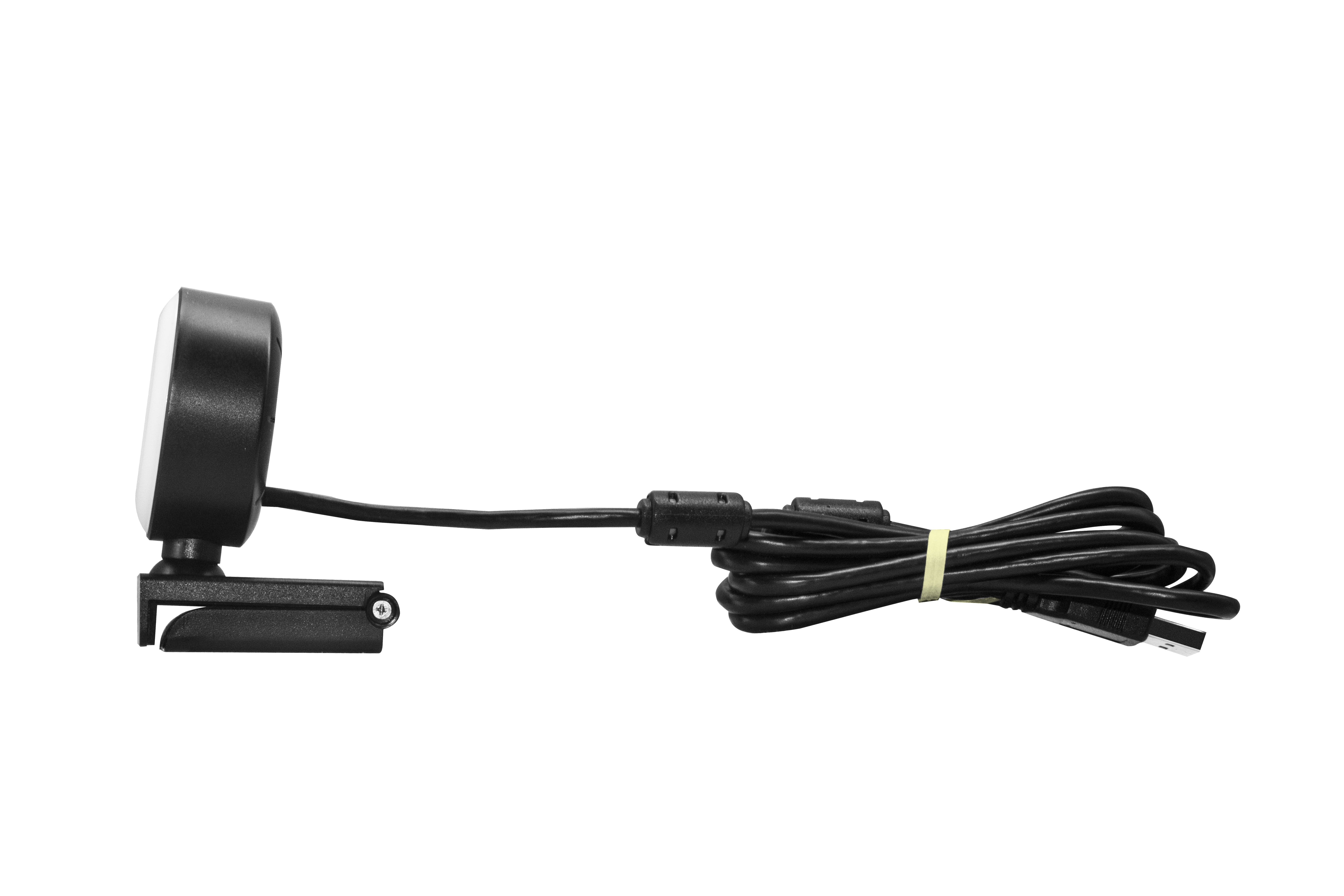 Schwarze Webcam mit Clip und USB-Kabel auf weißem Hintergrund.