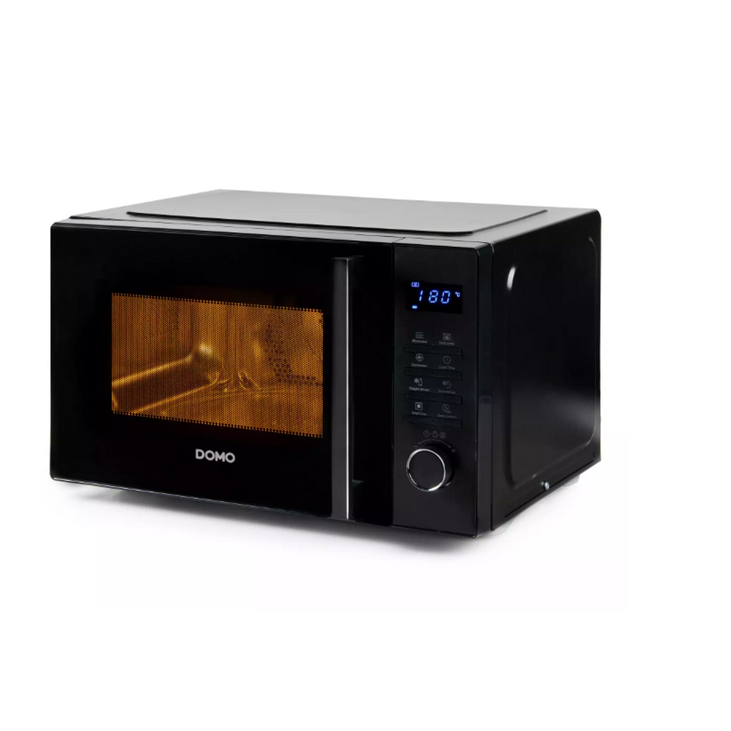 Zwarte magnetron met digitaal display en bedieningspaneel, op een witte achtergrond.