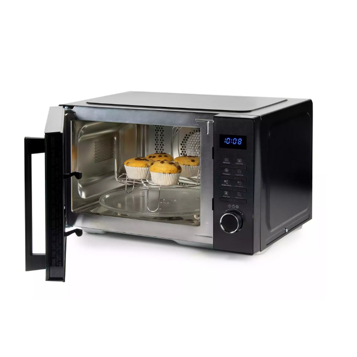 Een magnetron met muffins erin, met de deur open. Witte achtergrond.