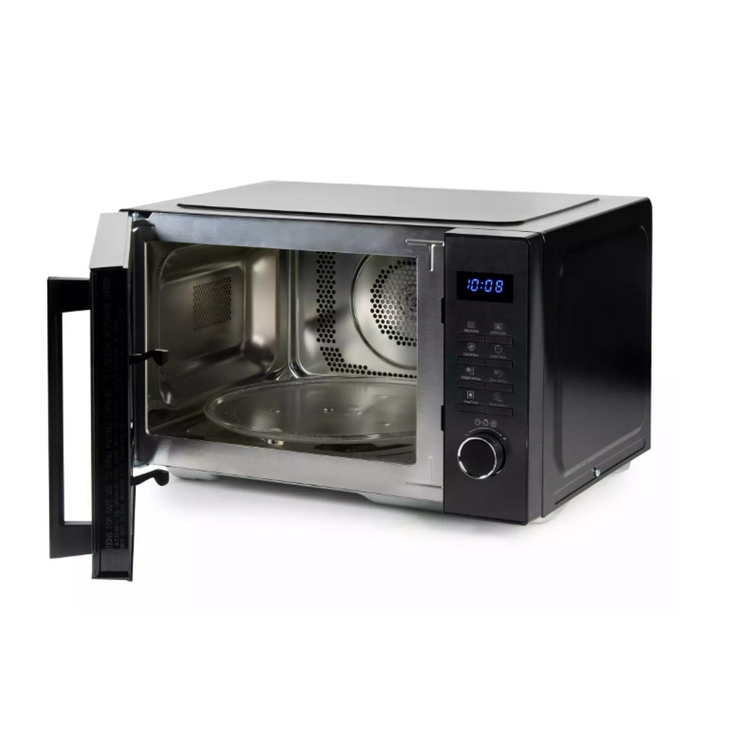 Zwarte magnetron met de deur open, die het interieur laat zien.
