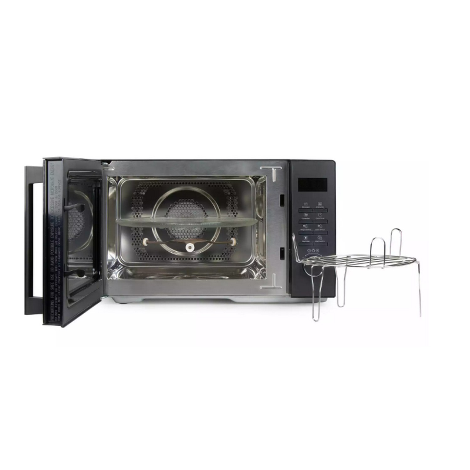 Open magnetron. Roestvrijstalen binnenkant, glazen draaischijf en een draadrek zijn zichtbaar.
