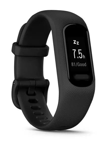 Czarny zegarek fitness, pokazujący dane dotyczące snu: 7,5h czasu snu, 81/Dobrze.