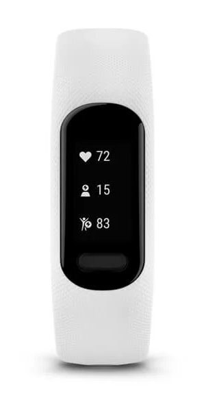 Biały tracker fitness z czarnym ekranem wyświetlającym tętno i statystyki aktywności.