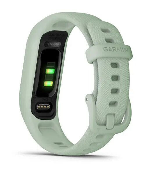 Lokalizator aktywności Garmin, jasny zielony pasek, czarny wyświetlacz, zielone światła.